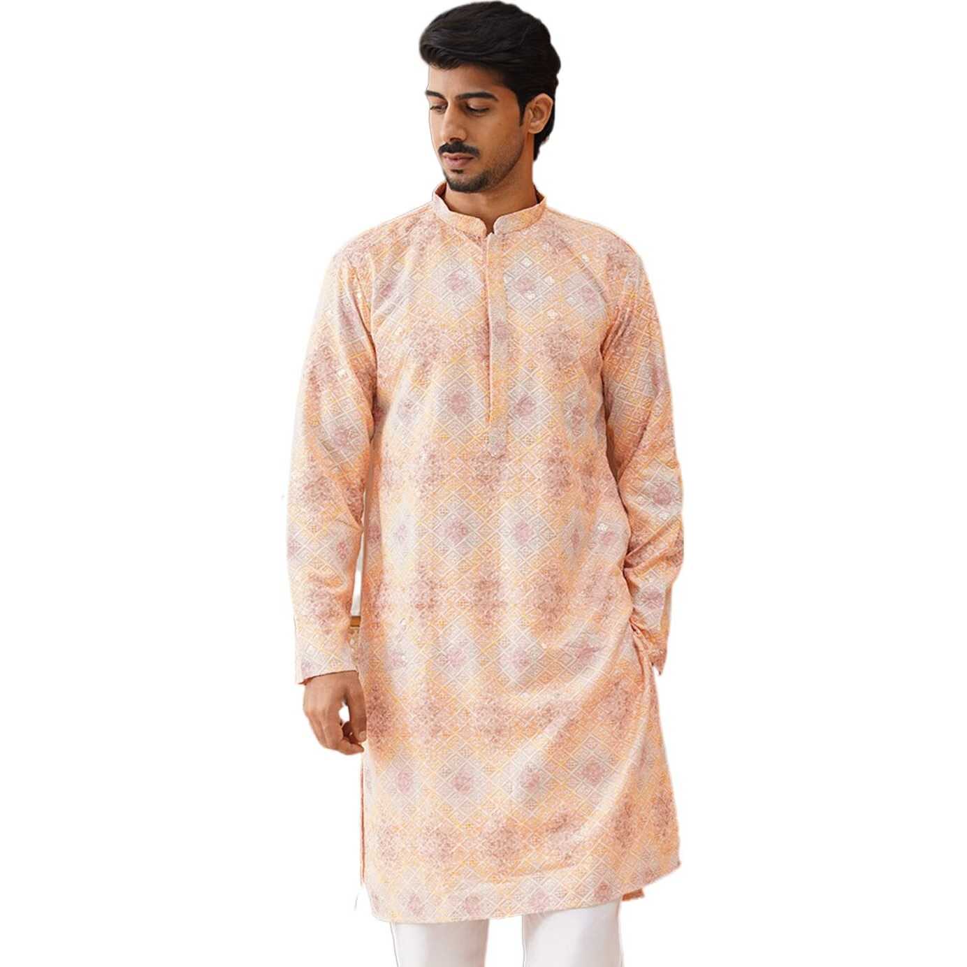 Jompers Peach Embroidered Staight Kurtas For Men (Peach, Xl)