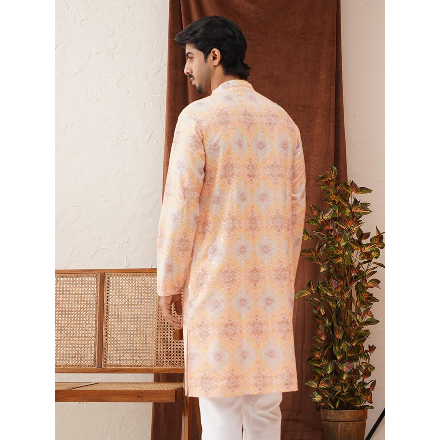Jompers Peach Embroidered Staight Kurtas For Men (Peach, Xl)