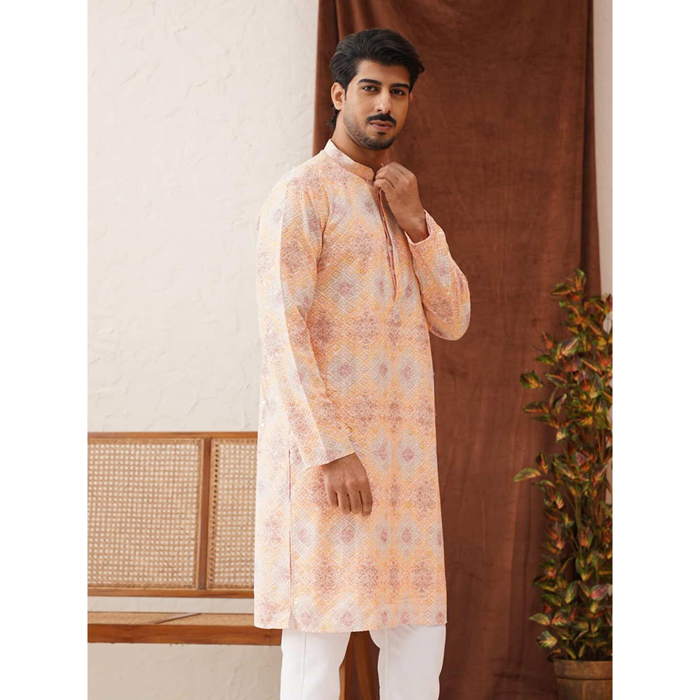 Jompers Peach Embroidered Staight Kurtas For Men (Peach, Xl)