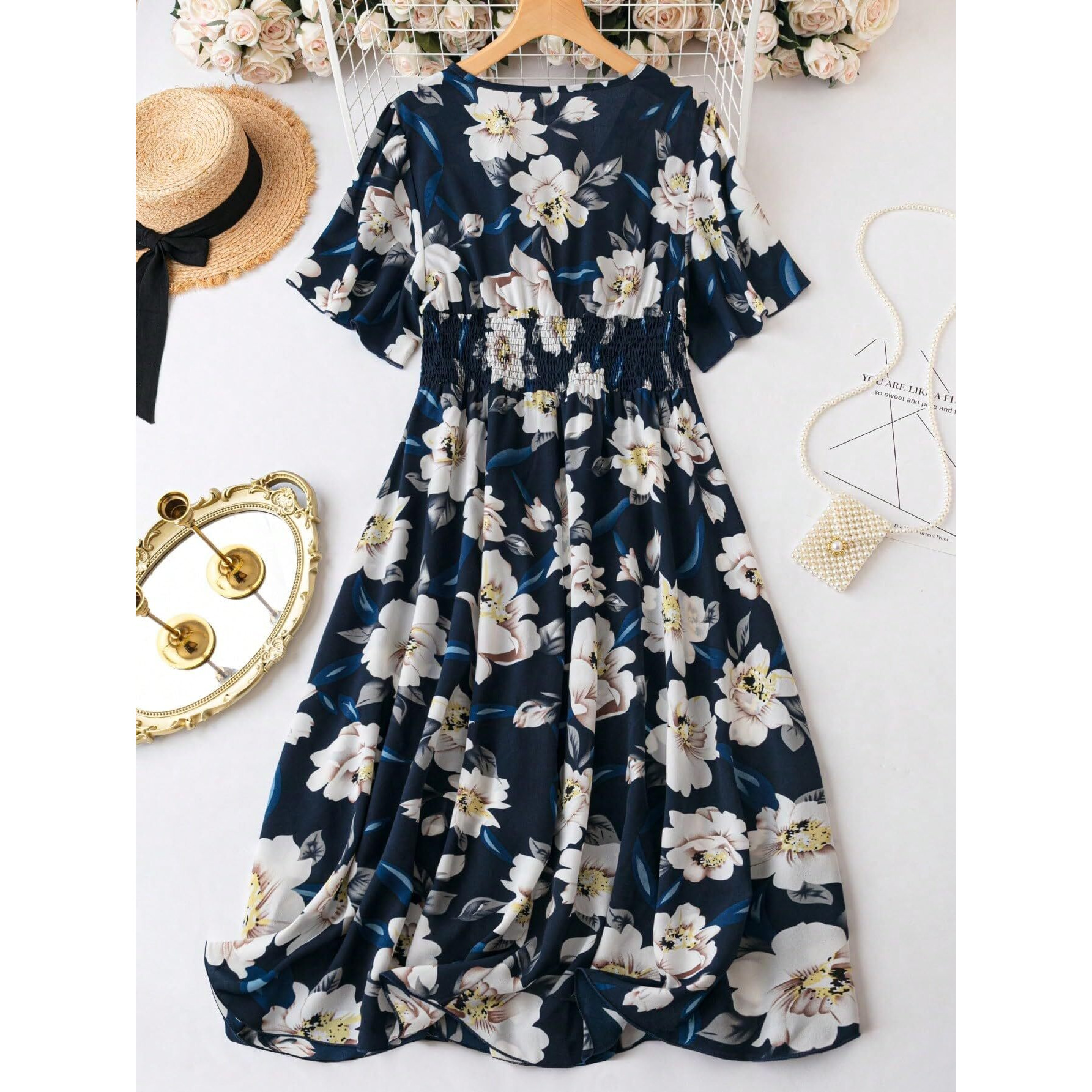 Shasmi Womens & Girls N Blue Floral Print V-Neck Waist-Cinched Dress For Women Midi | One Piece Dress For Women | Beach Dress For Women (Dress 134 N Blue-M)