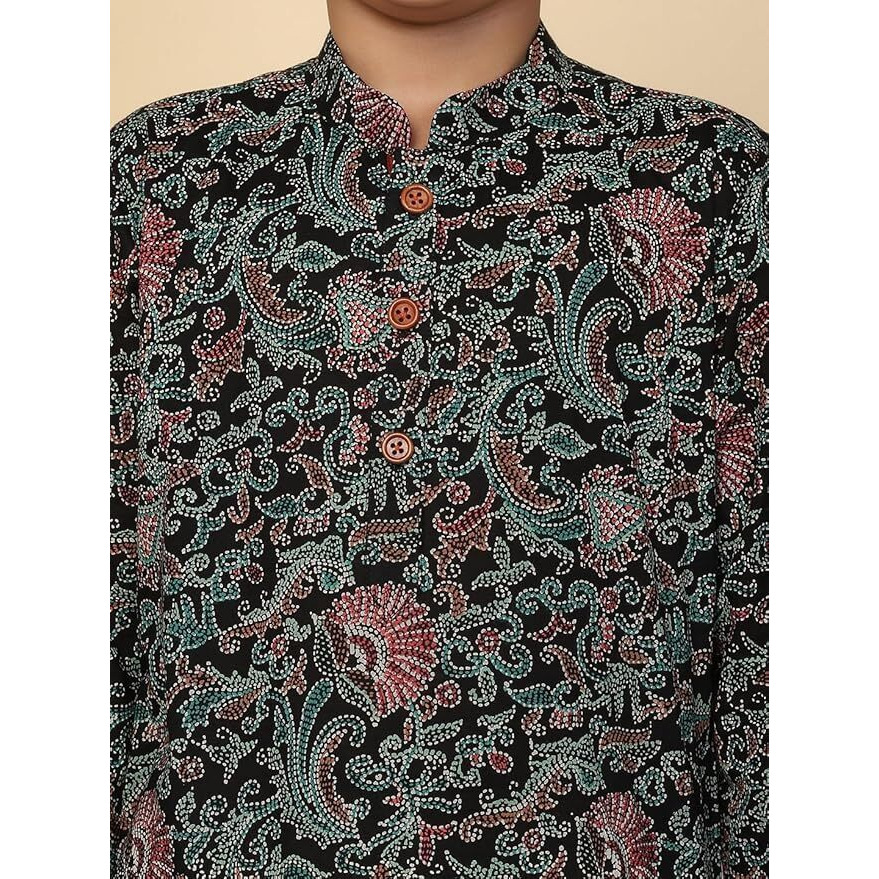 Kisah Kid's Full Sleeves Cotton Blend Knee Length Printed Black Kurta Dhoti Set (11-12Y)