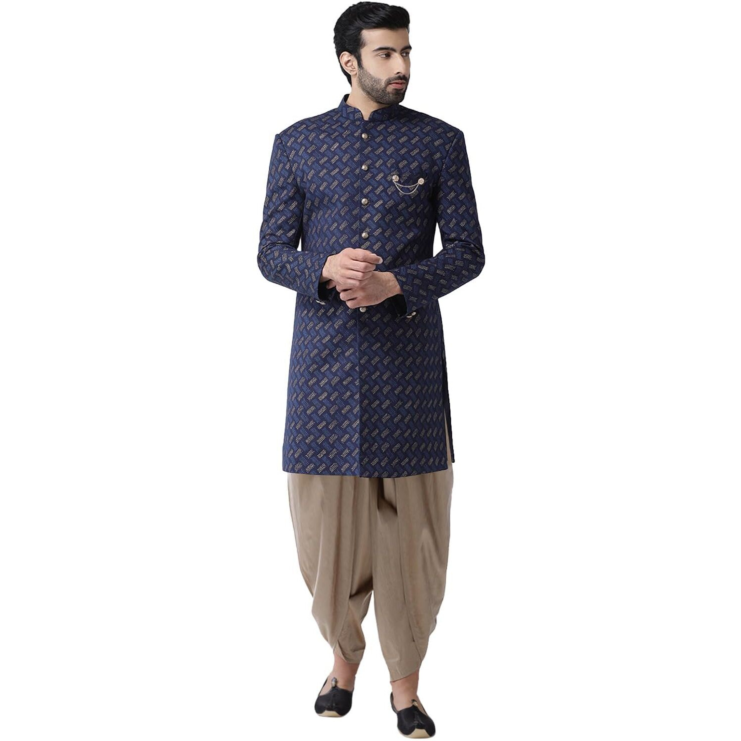 Kisah Men Navy Blue Printed Cotton Sherwani Set, Full Sleaves, Knee Length, Straight, Regular Fit, Mandarin Collar Ethnic Casual Wear