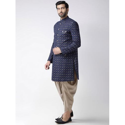 Kisah Men Navy Blue Printed Cotton Sherwani Set, Full Sleaves, Knee Length, Straight, Regular Fit, Mandarin Collar Ethnic Casual Wear
