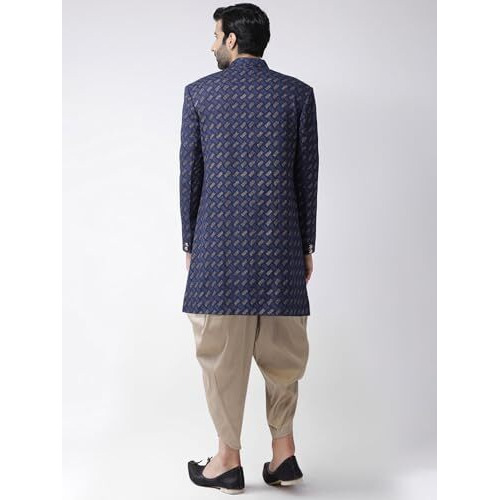 Kisah Men Navy Blue Printed Cotton Sherwani Set, Full Sleaves, Knee Length, Straight, Regular Fit, Mandarin Collar Ethnic Casual Wear
