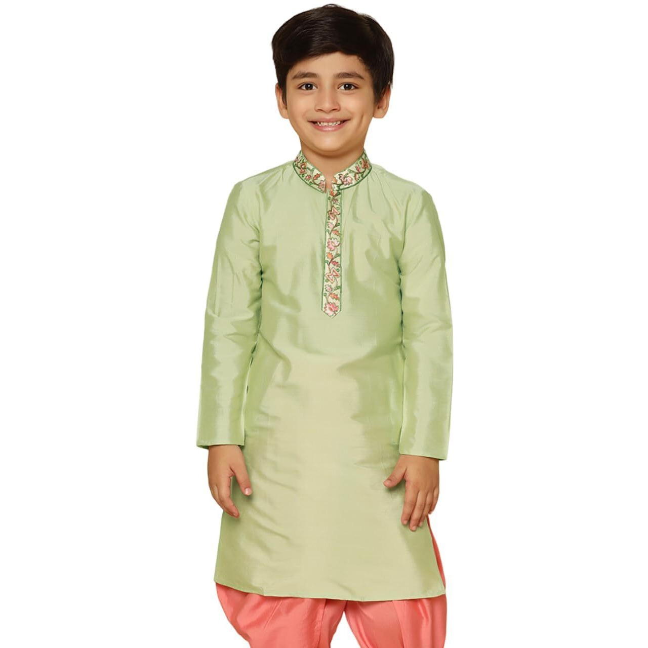 Kisah Kid's Cotton Full Sleeves Regular Fit Knee Length Embellished Green Kurta (5-6Y)
