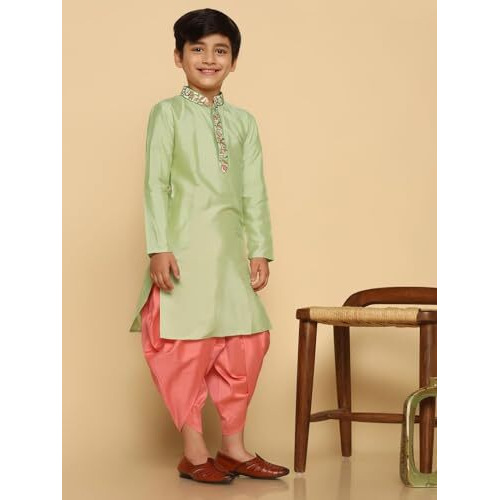 Kisah Kid's Cotton Full Sleeves Regular Fit Knee Length Embellished Green Kurta (5-6Y)