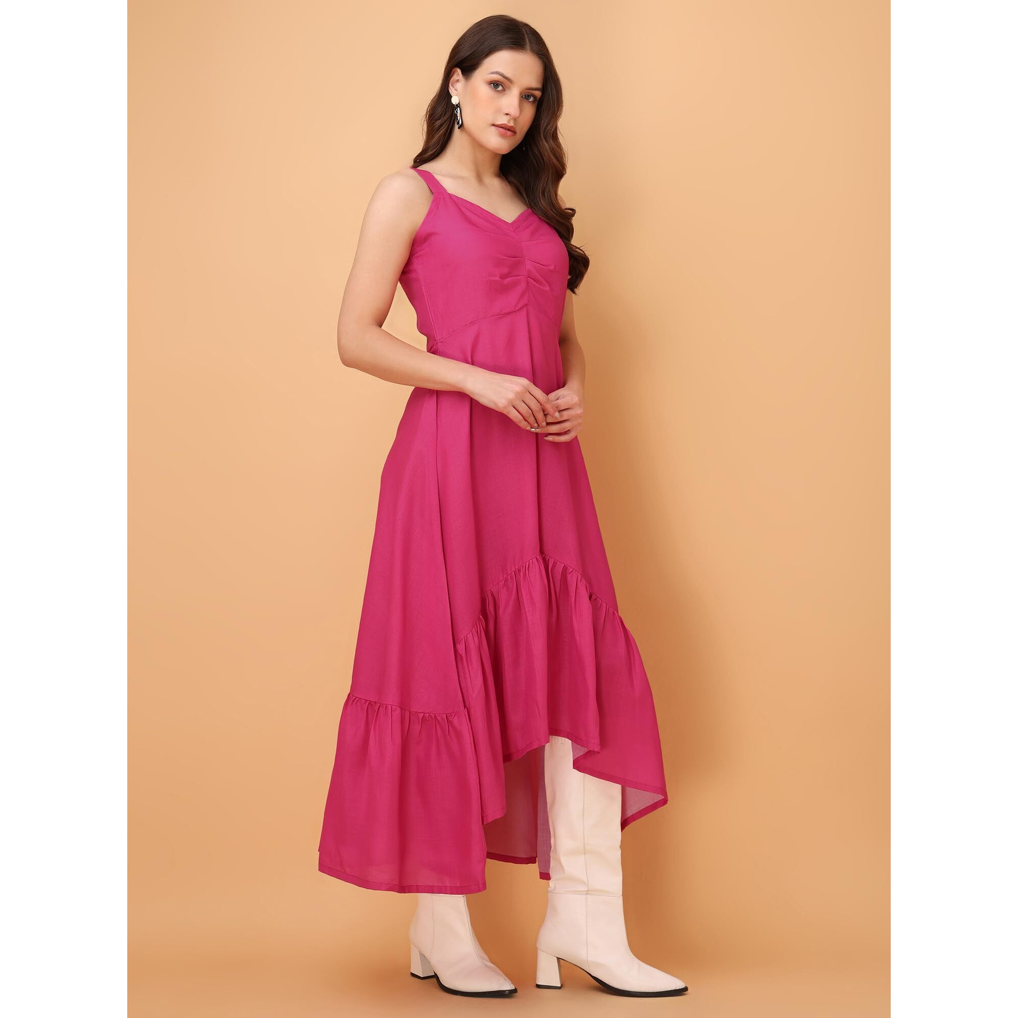 Purvaja Womens V-Neck Ruffle Cotton Blend Dress (Floe-053-M_Pink)