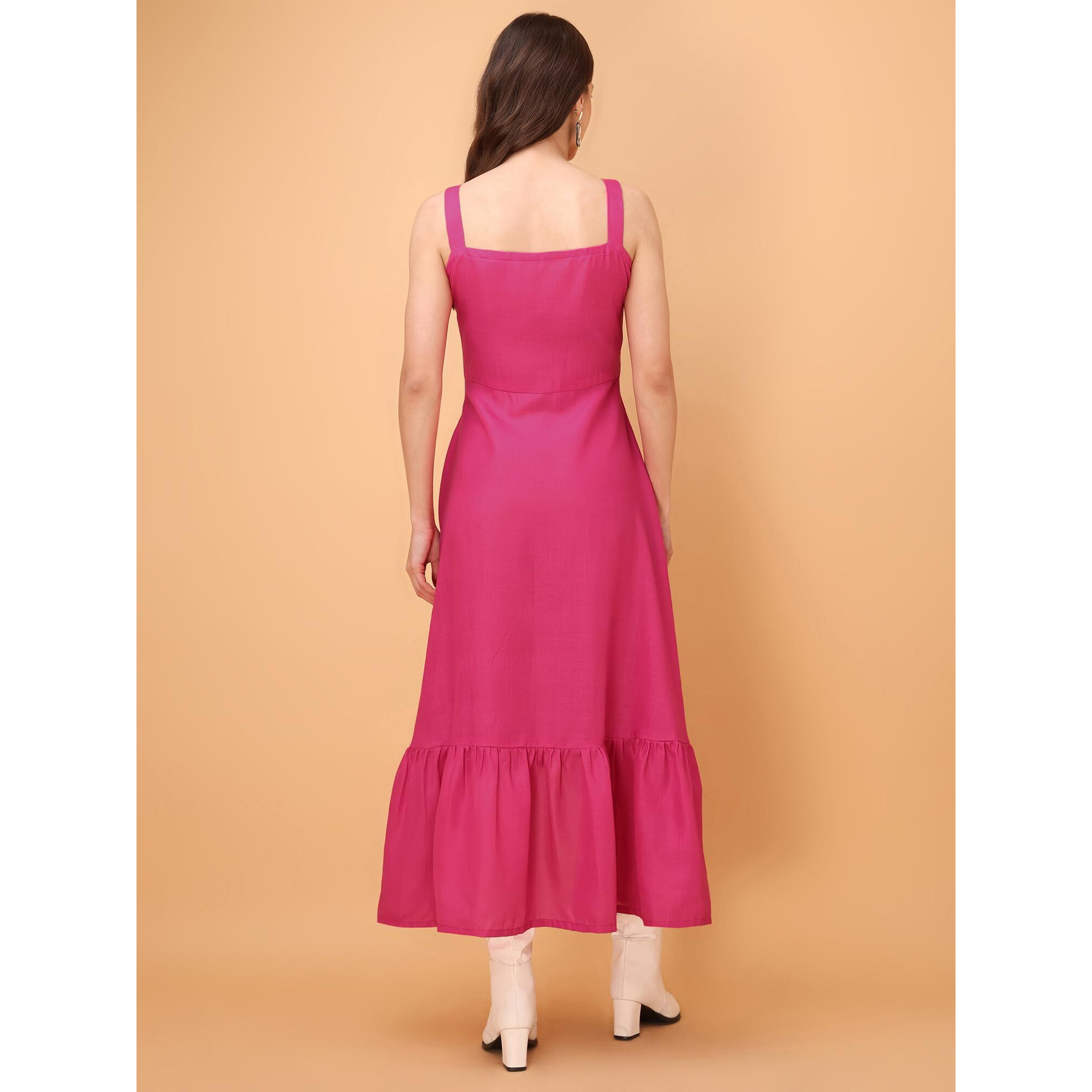 Purvaja Womens V-Neck Ruffle Cotton Blend Dress (Floe-053-M_Pink)