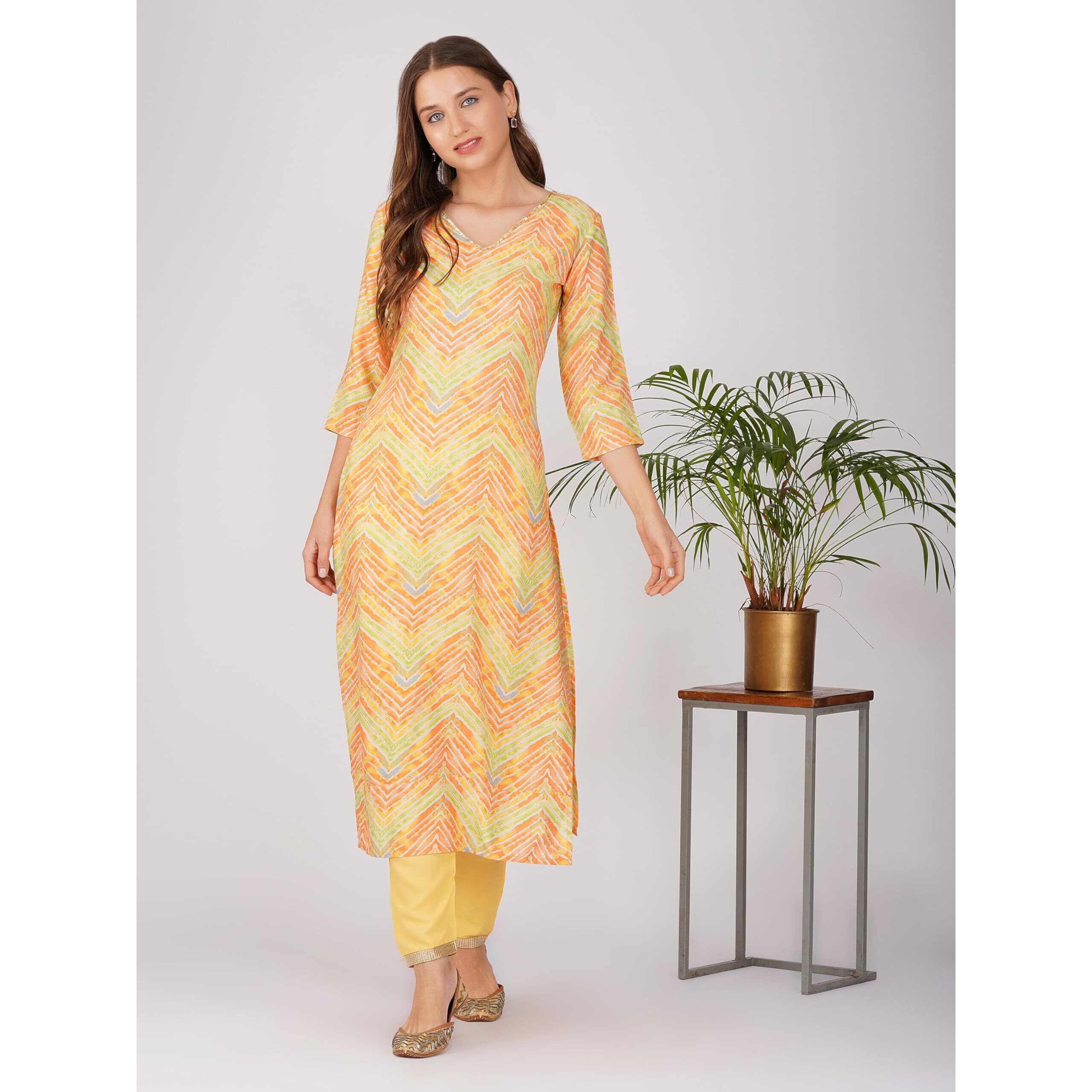 Rytras Womens Foil Printed Straight Kurta(Ryt557,Orange,Xxl)