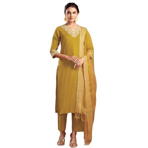 Sanisa Womens Cotton Blend Embroidery Straight Kurta With Pant And Dupatta Set (125Kbd1356N-M_Mustard)