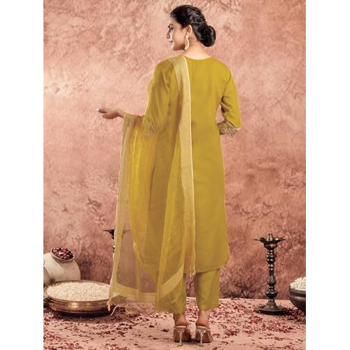 Sanisa Womens Cotton Blend Embroidery Straight Kurta With Pant And Dupatta Set (125Kbd1356N-M_Mustard)