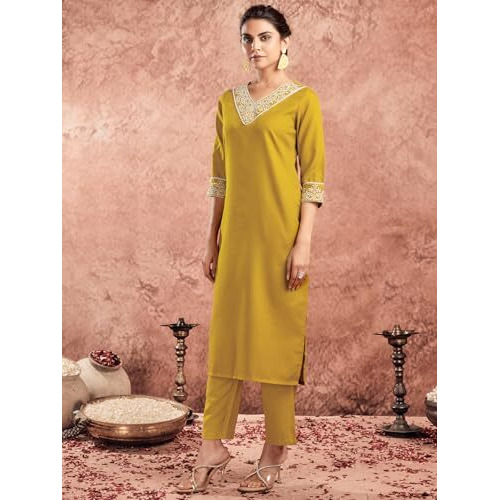 Sanisa Womens Cotton Blend Embroidery Straight Kurta With Pant And Dupatta Set (125Kbd1356N-M_Mustard)