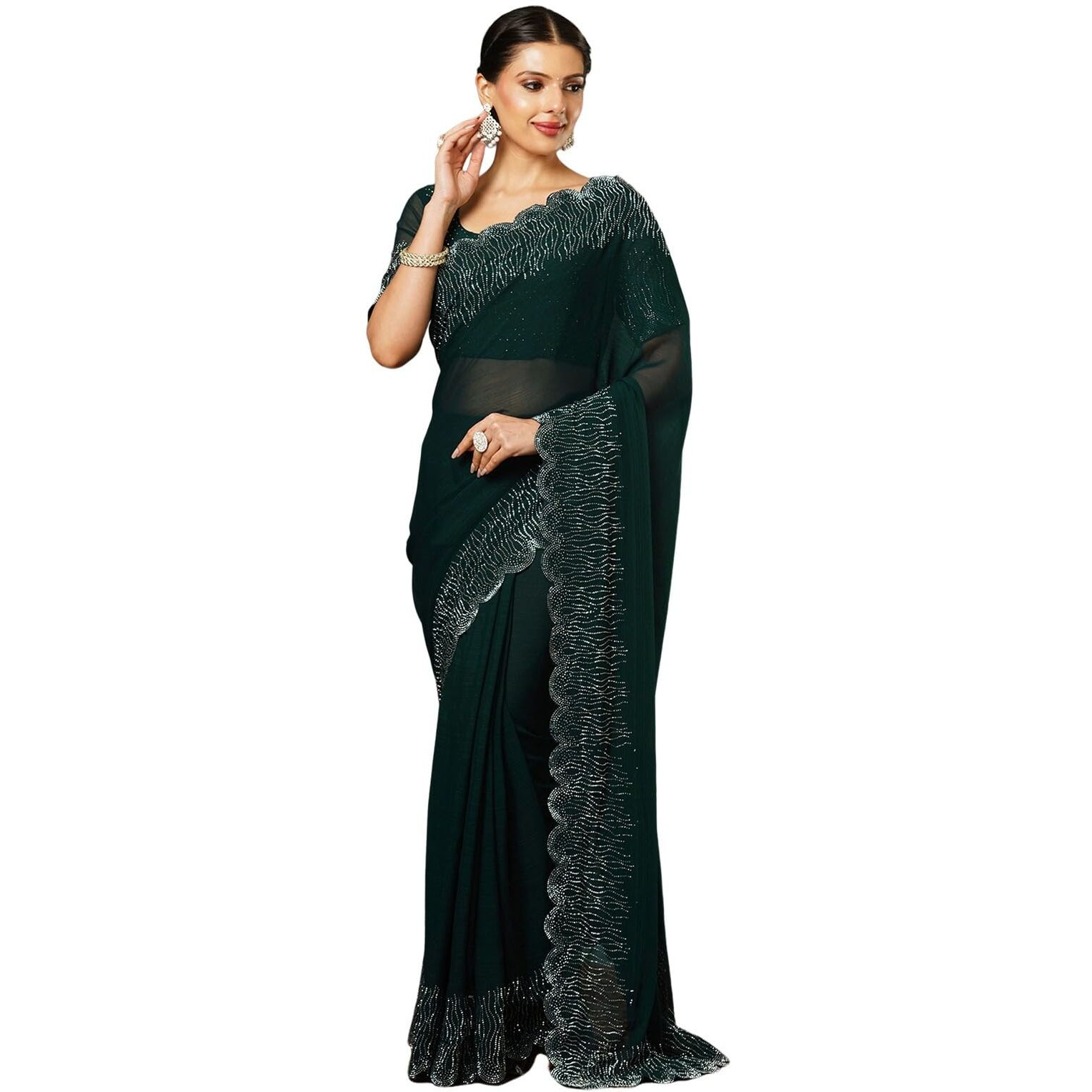 Satrani Womens Georgette Stone Work Scalloped Border Saree With Unstitched Blouse Piece (3902S466N_Dark Green)