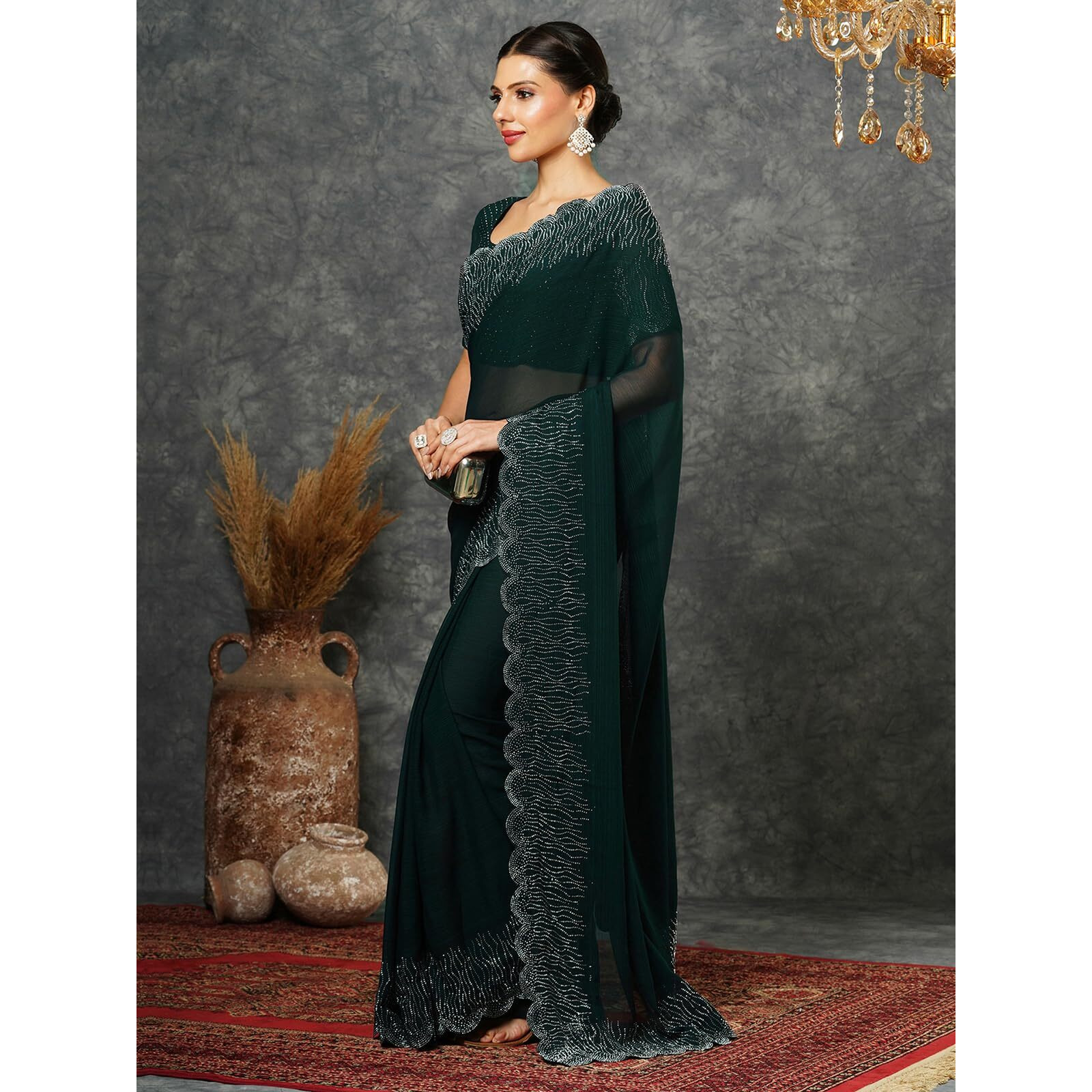 Satrani Womens Georgette Stone Work Scalloped Border Saree With Unstitched Blouse Piece (3902S466N_Dark Green)