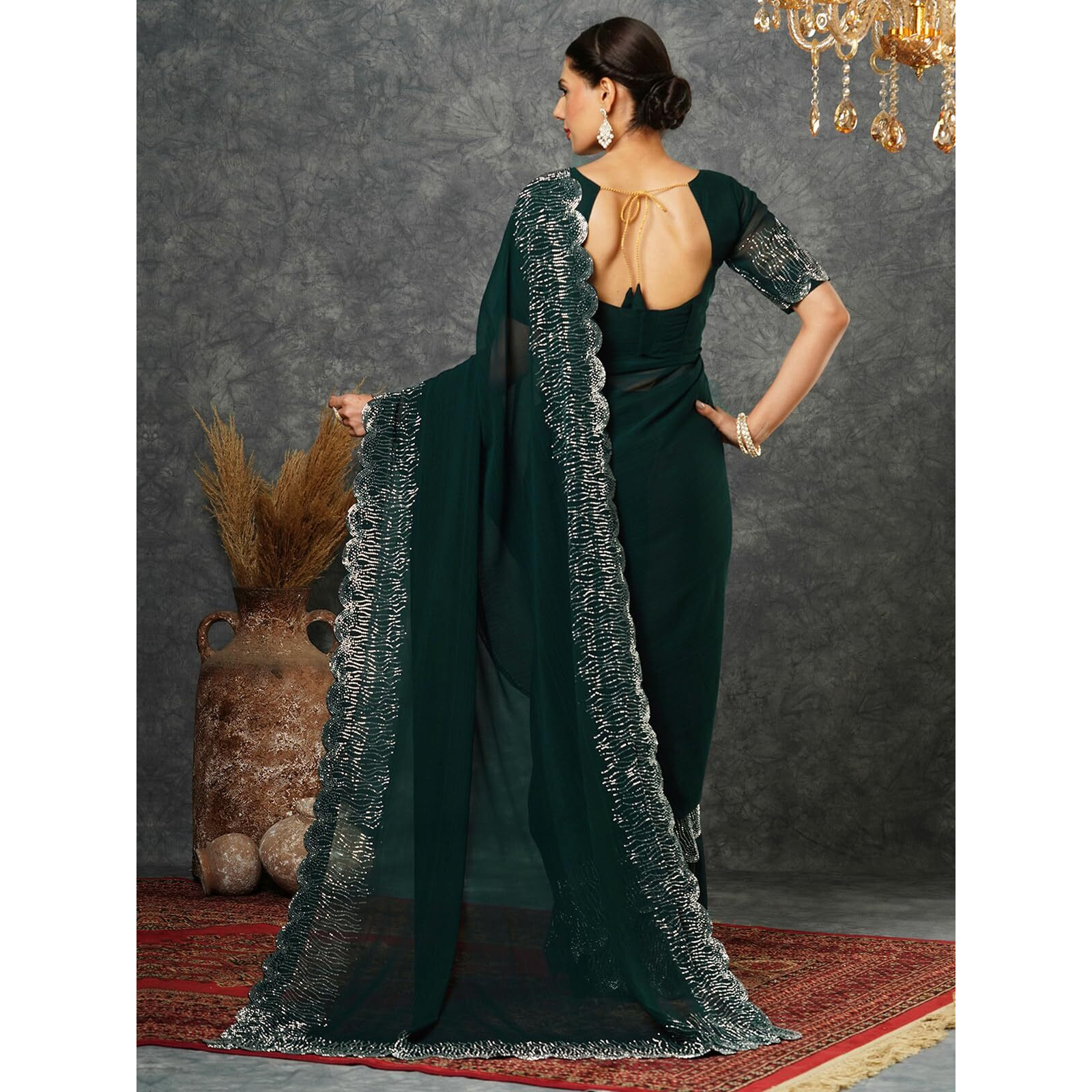 Satrani Womens Georgette Stone Work Scalloped Border Saree With Unstitched Blouse Piece (3902S466N_Dark Green)