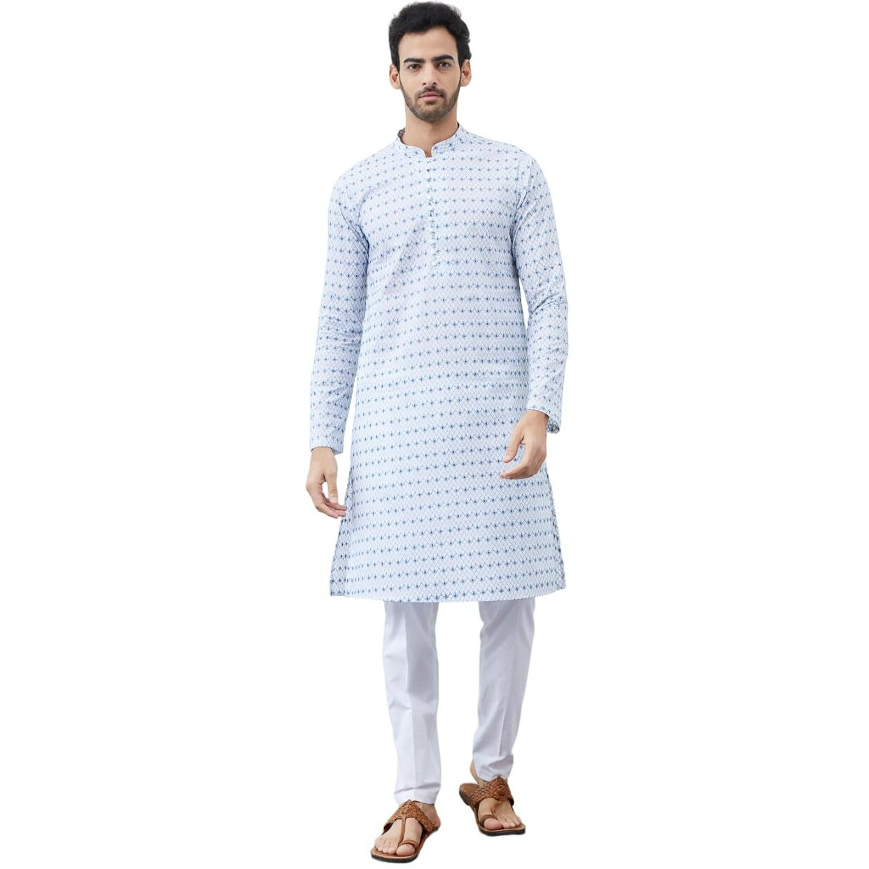 See Designs Men White And Blue Chikankari Embroidered Cotton Kurta Long Sleeves_Sdkt1428Xs
