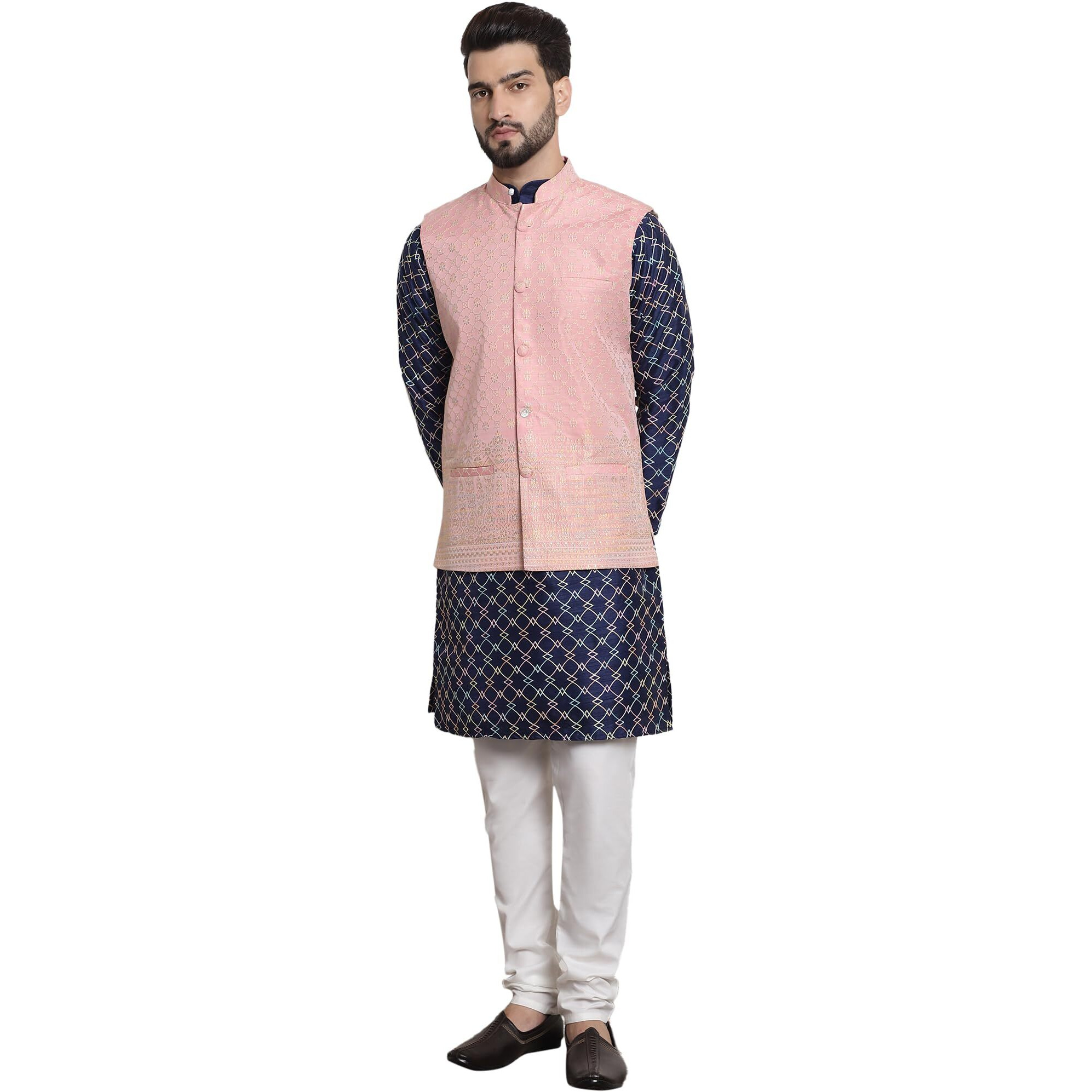 Sojanya (Since 1958 Mens Silk Blend Navy Blue Kurta And Off-White Pyjama With Pink Nehru Jacket