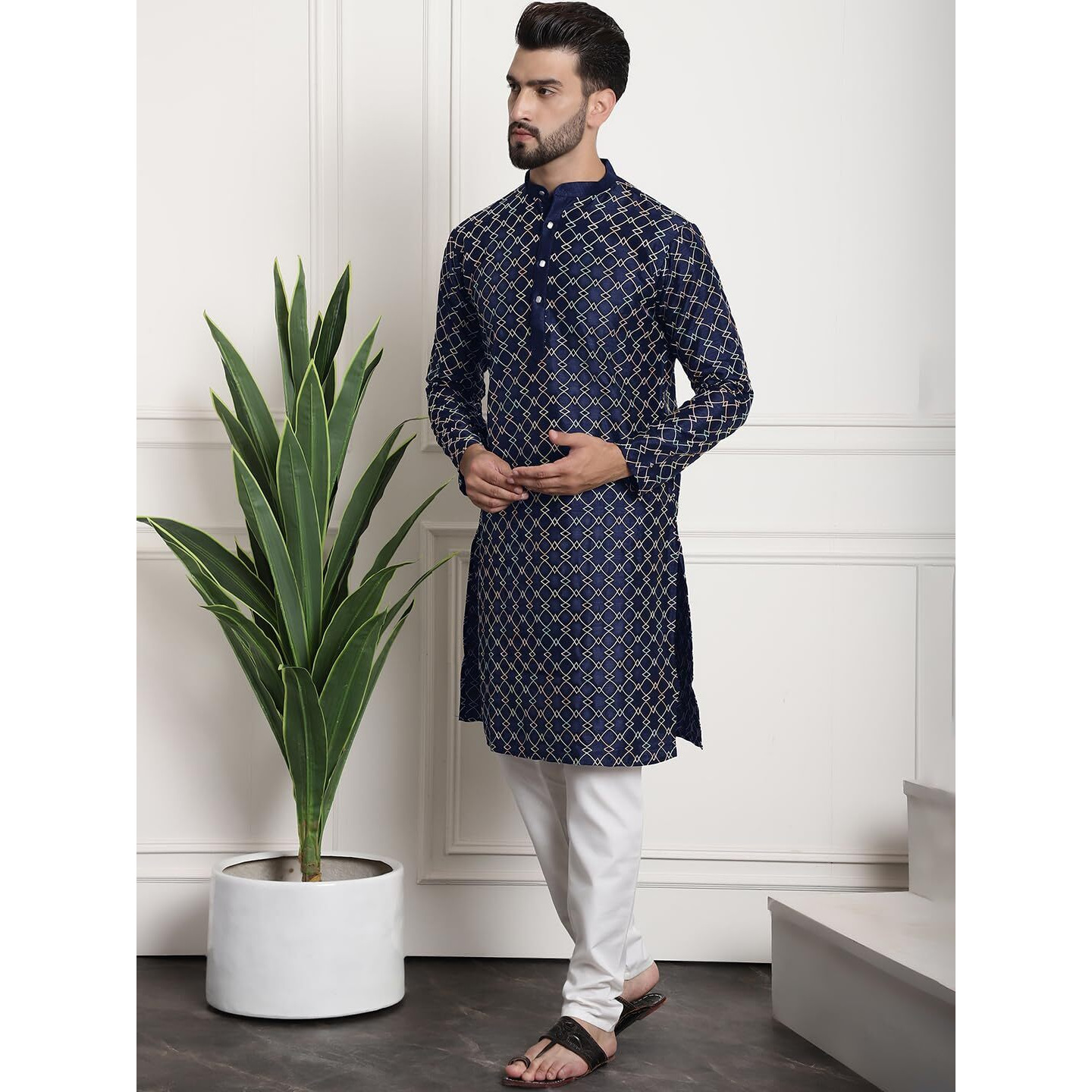 Sojanya (Since 1958 Mens Silk Blend Navy Blue Kurta And Off-White Pyjama With Pink Nehru Jacket