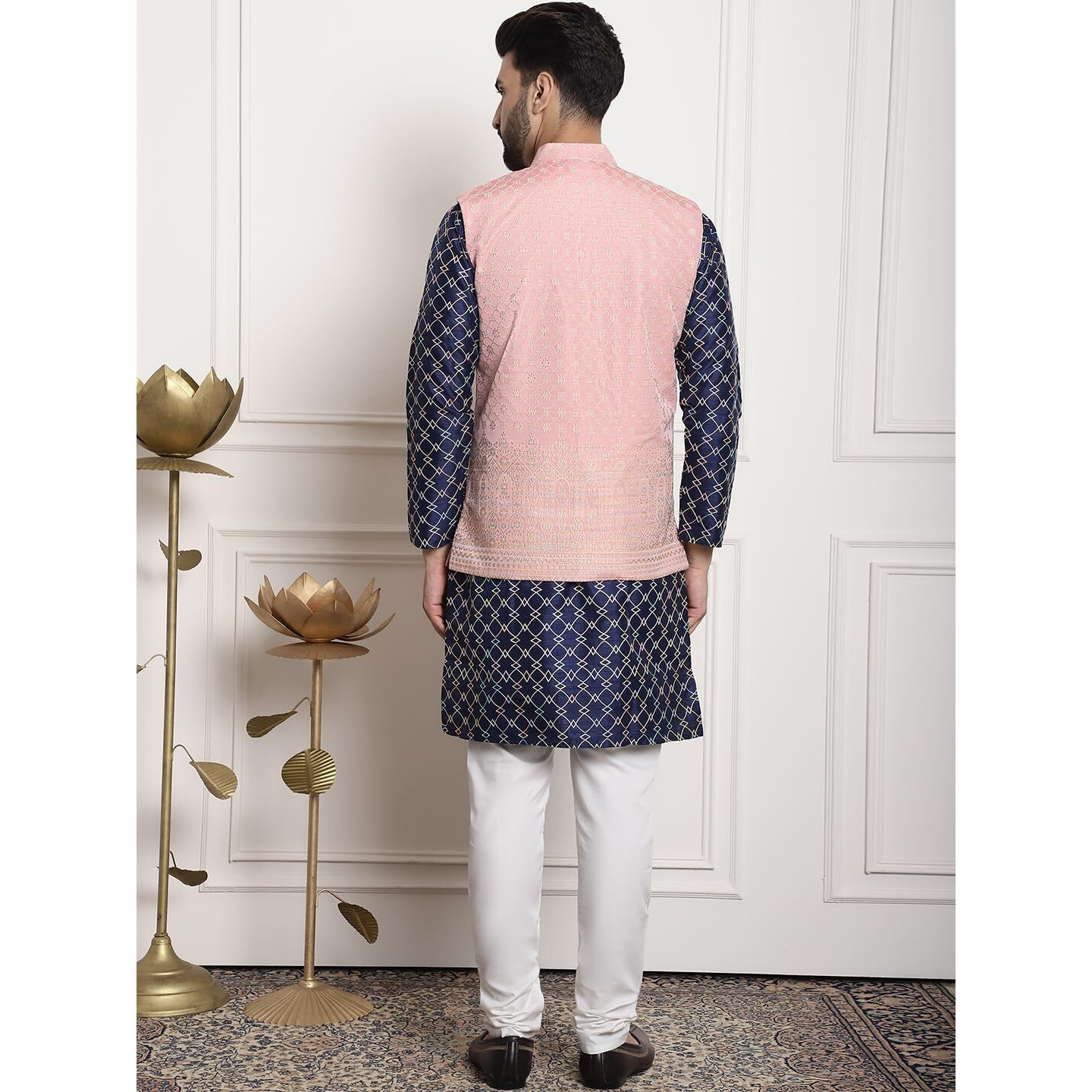 Sojanya (Since 1958 Mens Silk Blend Navy Blue Kurta And Off-White Pyjama With Pink Nehru Jacket