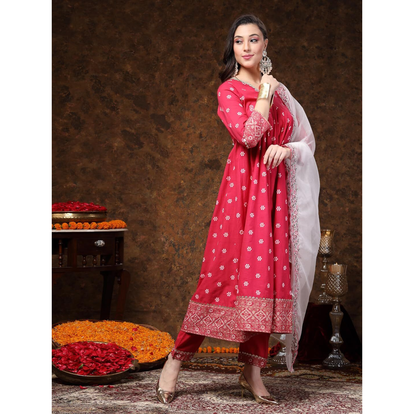 Stylum Womens Blue Printed & Embroidered Rayon Anarkali Kurta Pant Dupatta Set (Kpdpinkpablo44_Pink, Xxl)