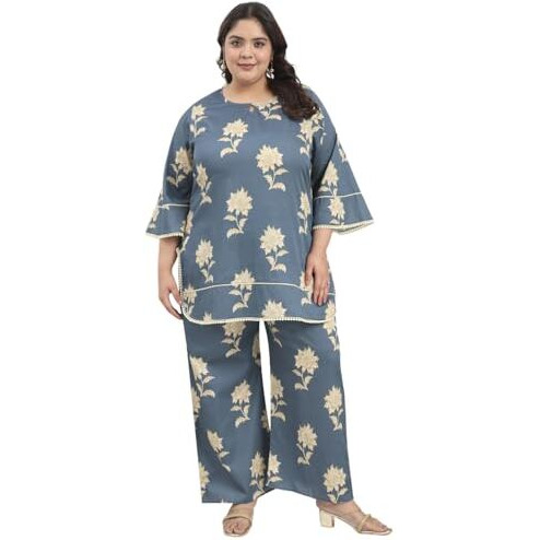 Tissu Womens Plus Size Pure Cotton Grey Floral Tunic With Palazzo Co-Ords (751_Grey_8Xl)