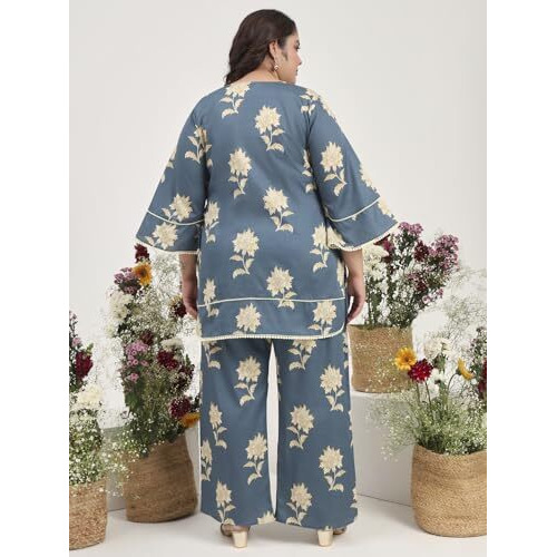 Tissu Womens Plus Size Pure Cotton Grey Floral Tunic With Palazzo Co-Ords (751_Grey_8Xl)