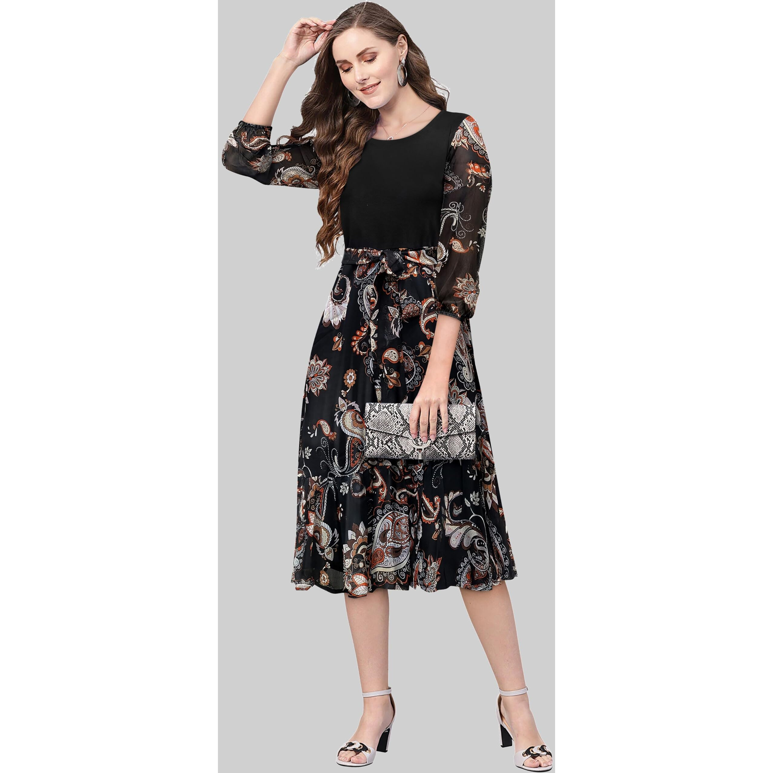 Toochki Womens Black Georgette Lycra Paisley Print Fit & Flared Western Dress With A Line Pattern Suitable To Wear In Summer Western Latest Trendy Midi Kurtis