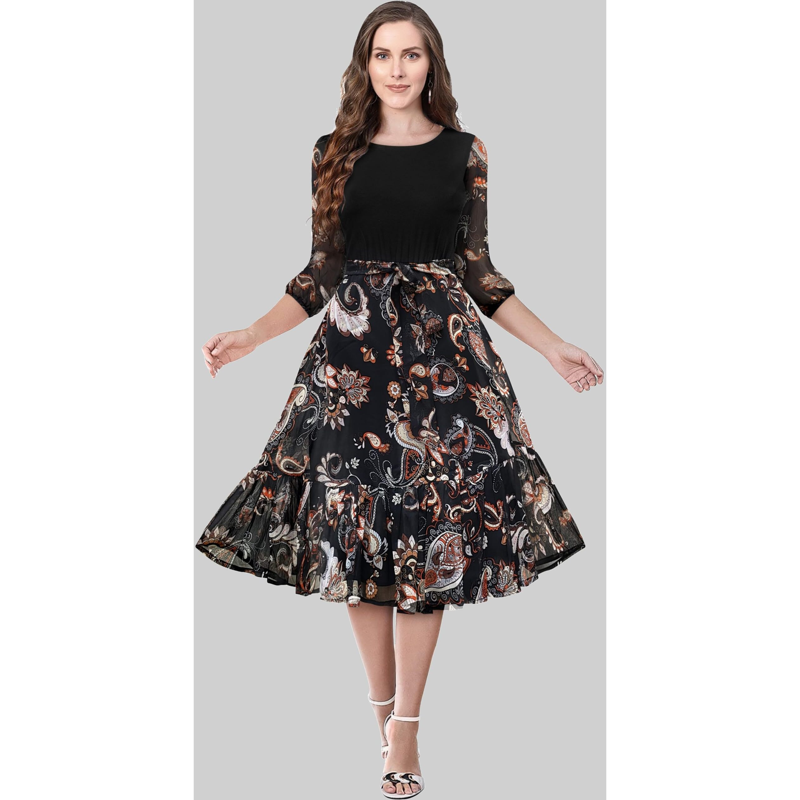 Toochki Womens Black Georgette Lycra Paisley Print Fit & Flared Western Dress With A Line Pattern Suitable To Wear In Summer Western Latest Trendy Midi Kurtis