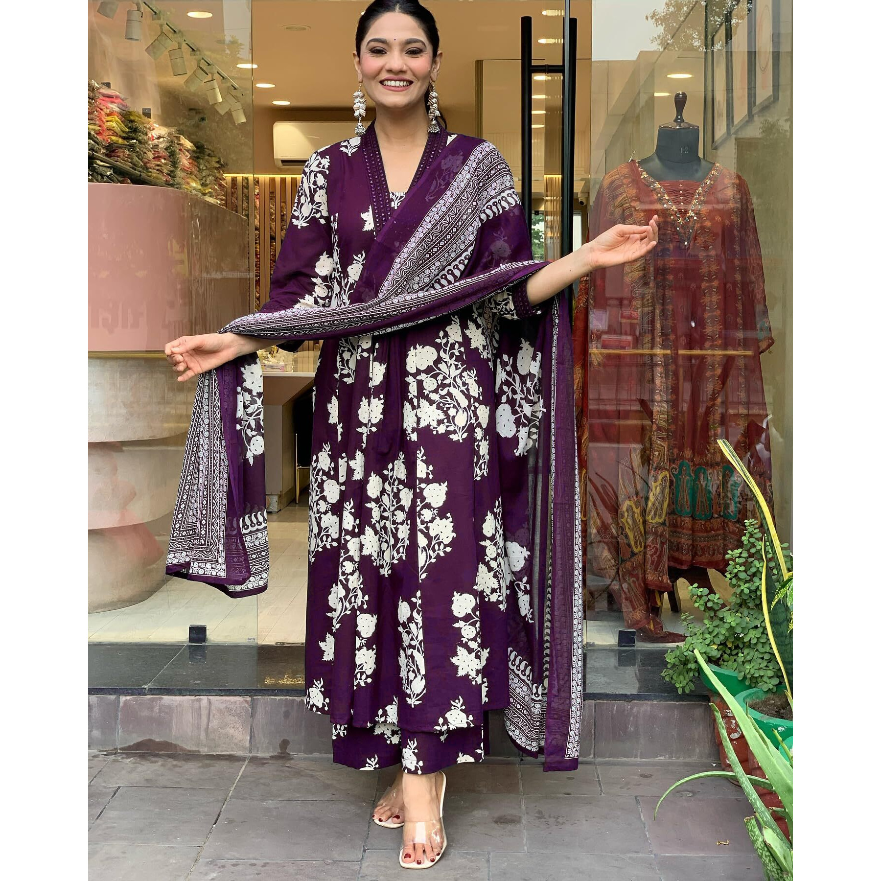 Toochki Womens Rayon Viscose Anarkali Printed Kurta With Palazzo & Dupatta Purple Color