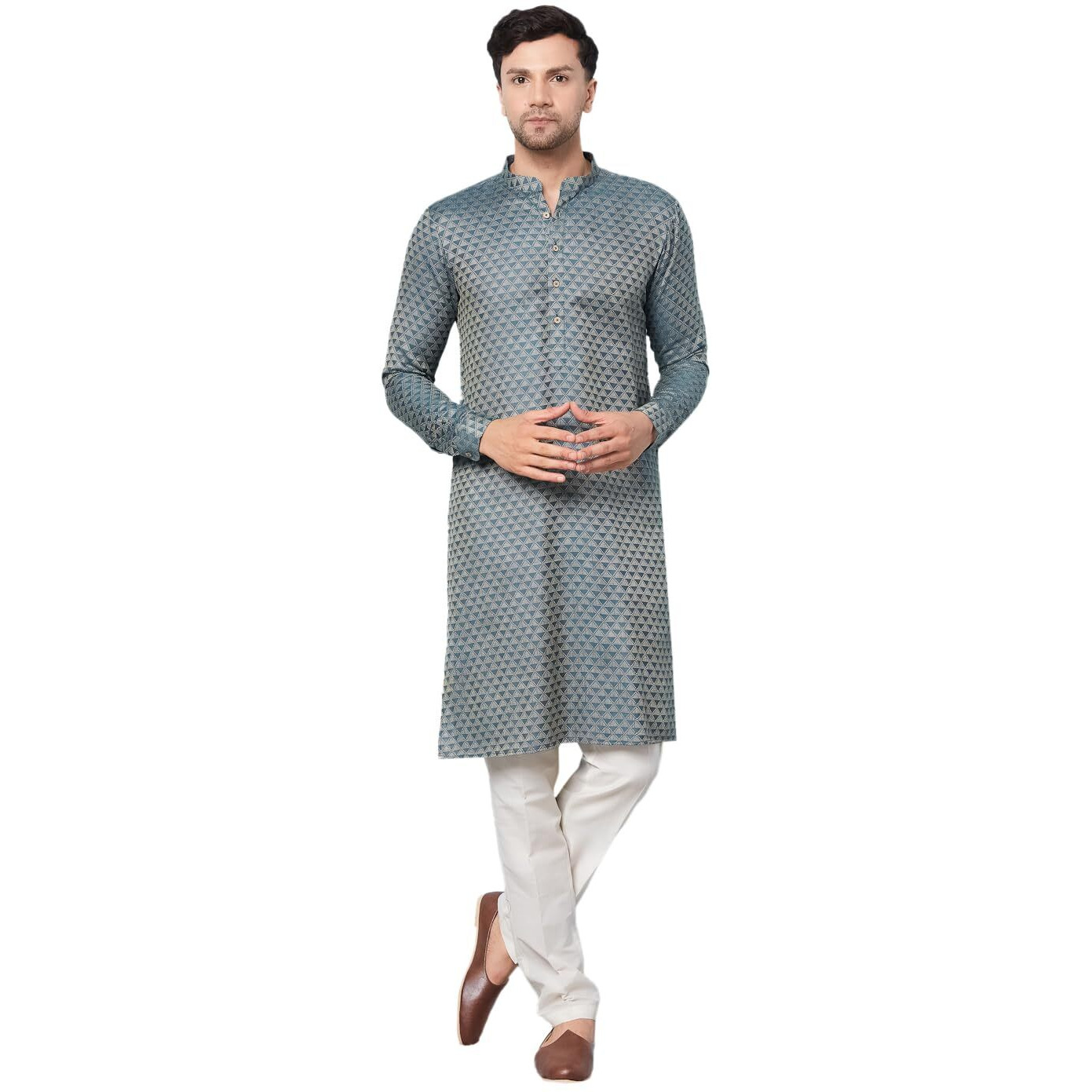 See Designs Green & White Regular Fit Self Pattern Kurta Set Mandarin Collar Long Sleeves_Sdskt121806L