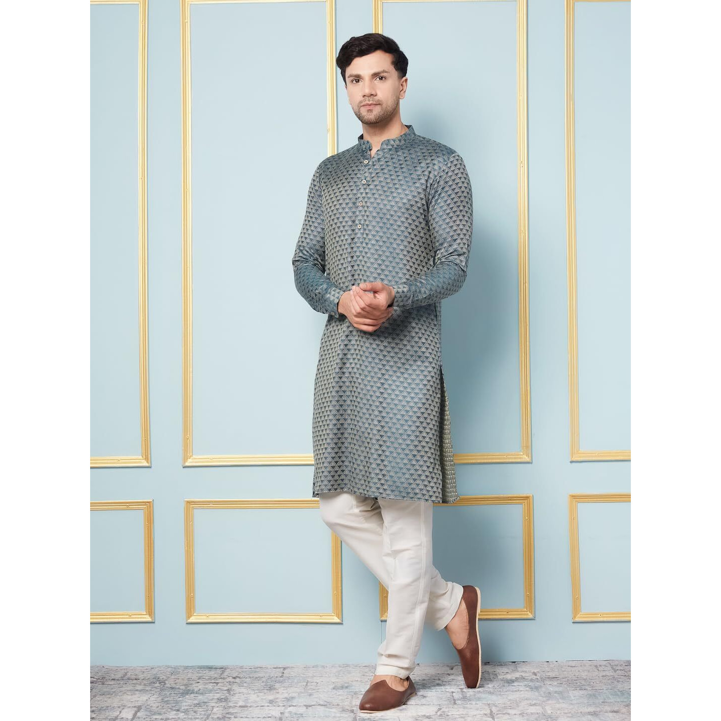 See Designs Green & White Regular Fit Self Pattern Kurta Set Mandarin Collar Long Sleeves_Sdskt121806L