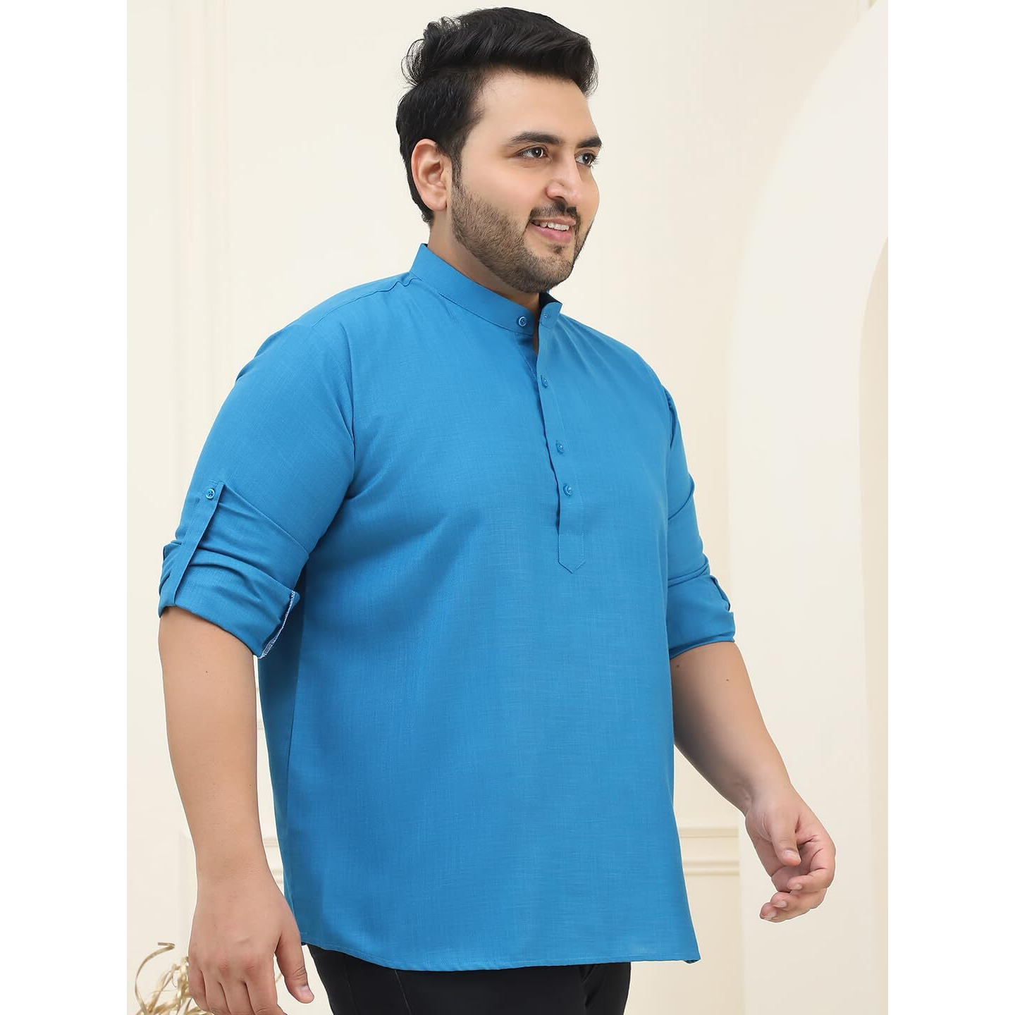 Sojanya Plus(Since 1958), Mens Cotton Peacock Blue Short Kurta