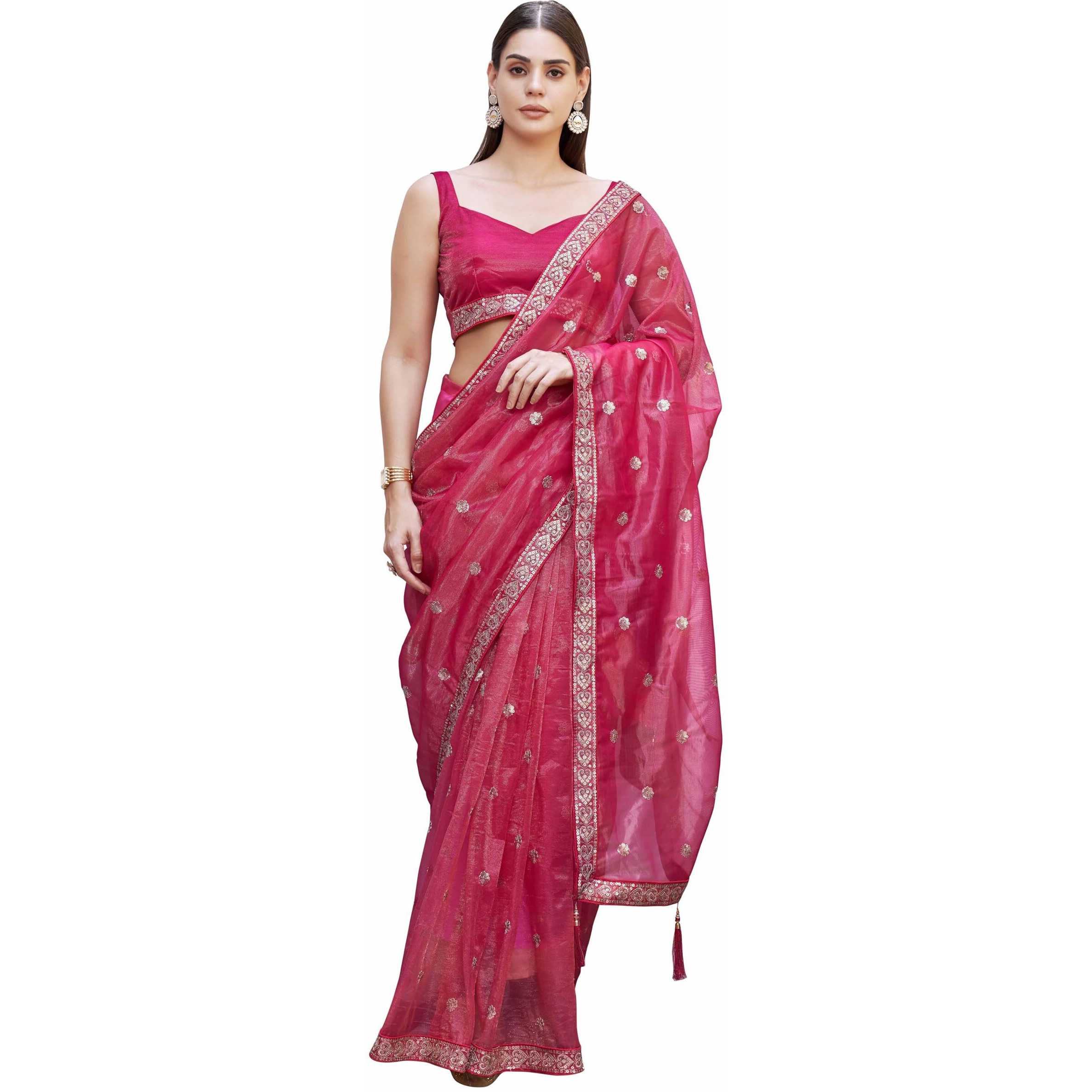 Womanista Womens Pink Colored Net Saree With Sequence Embroidered Lace(Ti6925_Pink_Onesize)