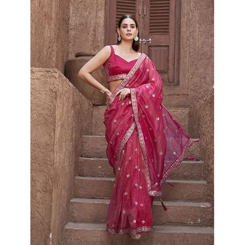 Womanista Womens Pink Colored Net Saree With Sequence Embroidered Lace(Ti6925_Pink_Onesize)