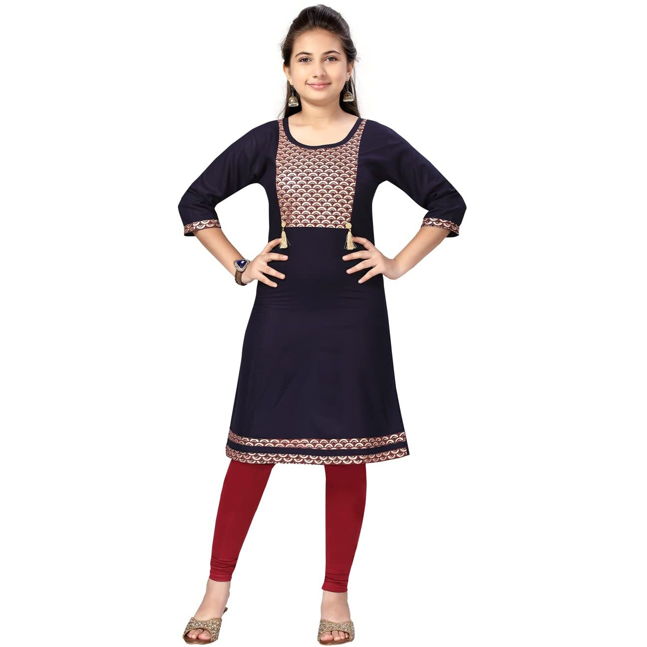 Aarika Girls Cotton Kurti Legging Set (Kl-E-22_Navy Blue-Maroon_36)
