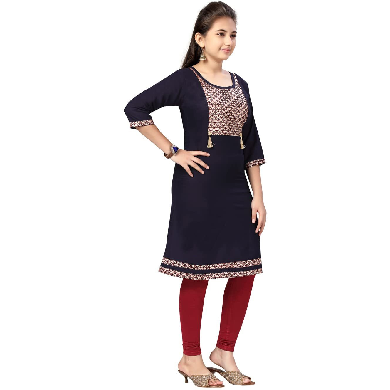 Aarika Girls Cotton Kurti Legging Set (Kl-E-22_Navy Blue-Maroon_36)