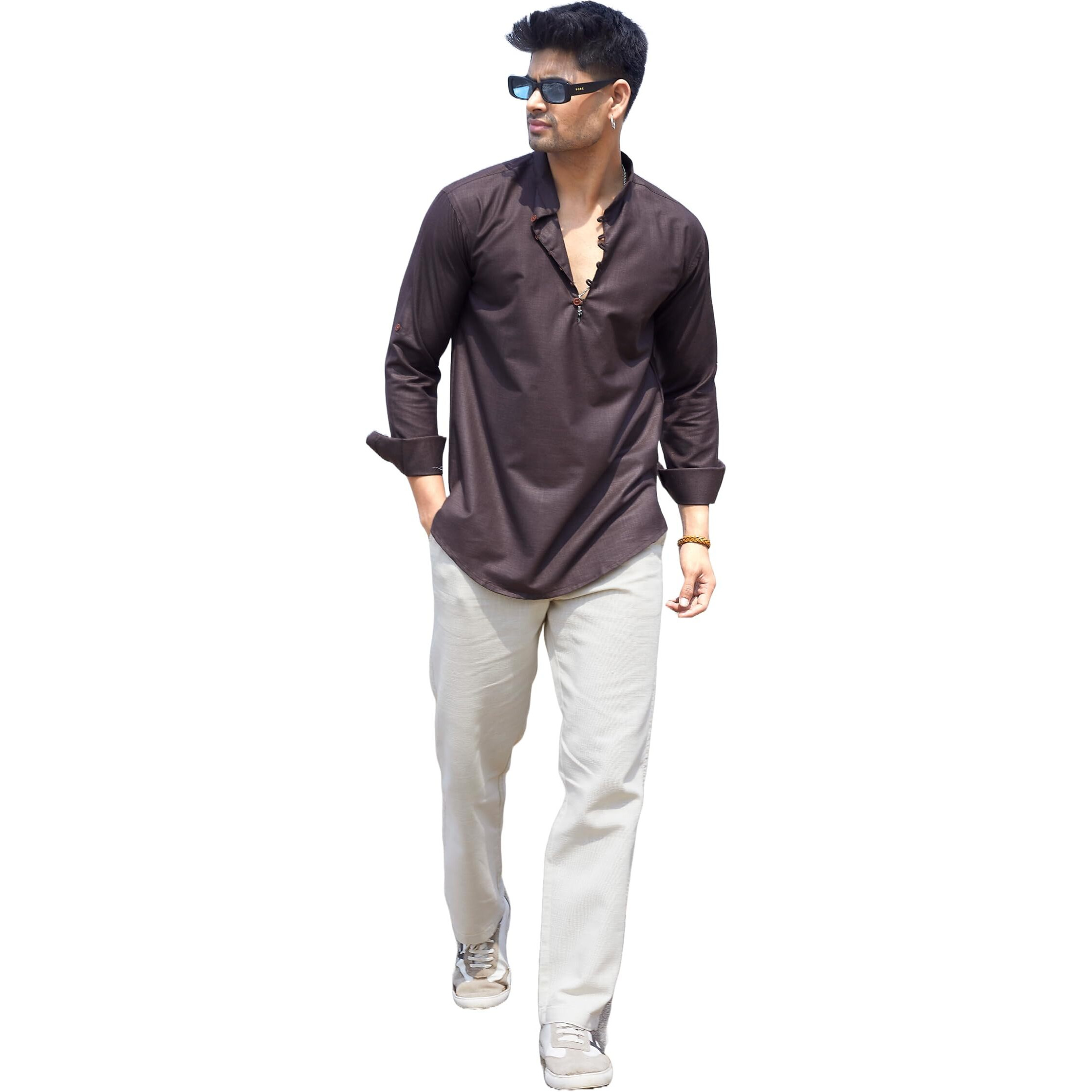 Divisive Mens Cotton Relaxed Fit Short Kurta (Dkrt1068_M_Coffee)