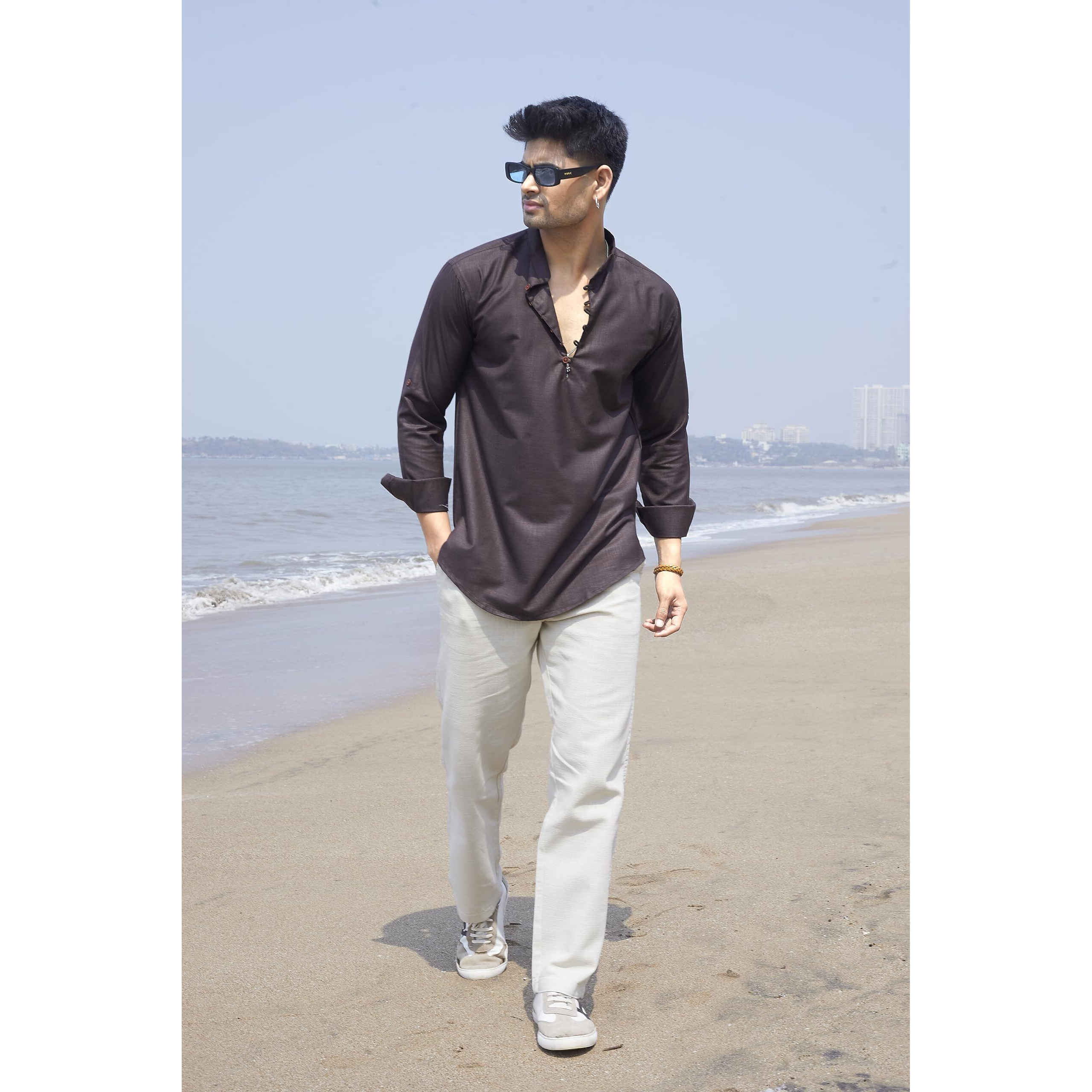 Divisive Mens Cotton Relaxed Fit Short Kurta (Dkrt1068_M_Coffee)