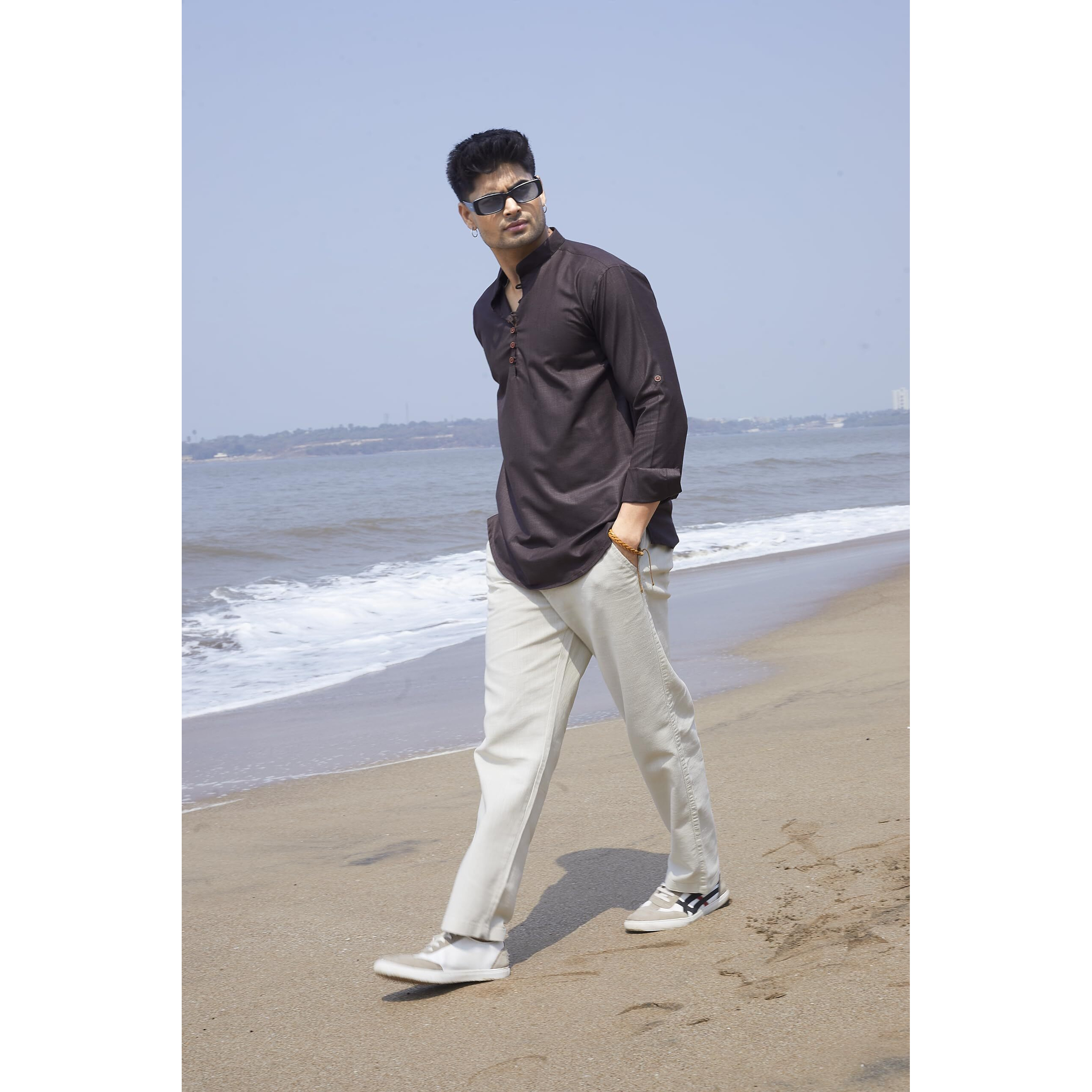 Divisive Mens Cotton Relaxed Fit Short Kurta (Dkrt1068_M_Coffee)