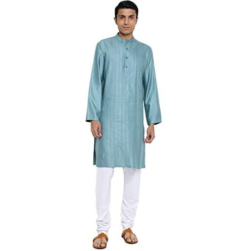 Fabindia Men Viscose Silk Long Kurta Slim Fit Teal_Xs