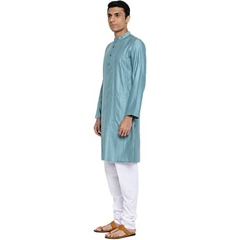 Fabindia Men Viscose Silk Long Kurta Slim Fit Teal_Xs