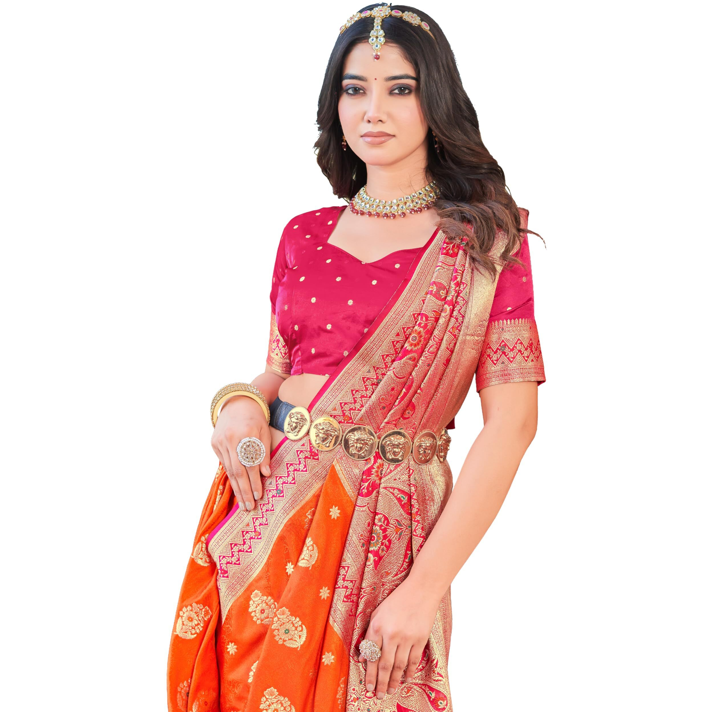 Glory Sarees Womens Pure Kanjivaram Soft Banarasi Original Satin Silk Woven Hand Dyed Wedding Saree With Blouse Piece (Satin Silk105_Orange)