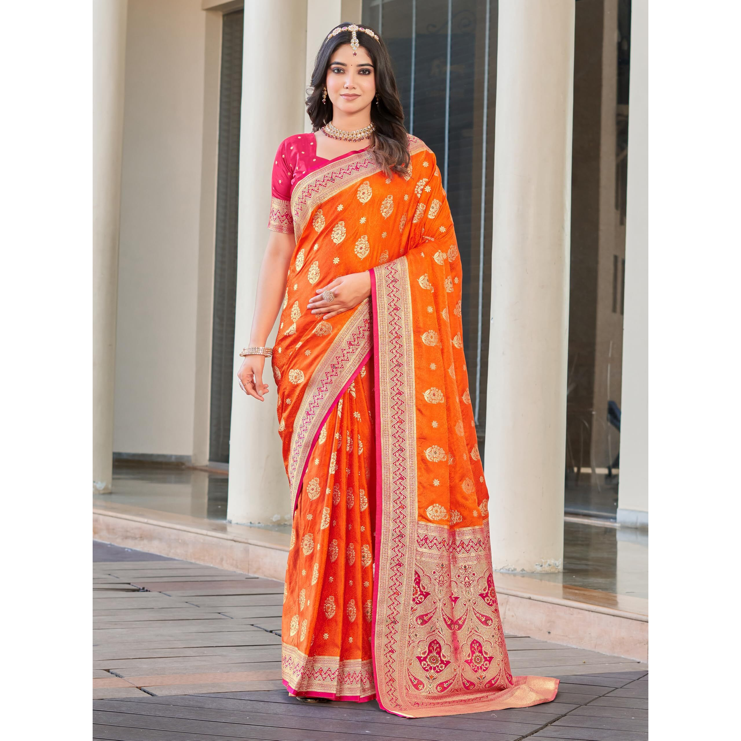 Glory Sarees Womens Pure Kanjivaram Soft Banarasi Original Satin Silk Woven Hand Dyed Wedding Saree With Blouse Piece (Satin Silk105_Orange)