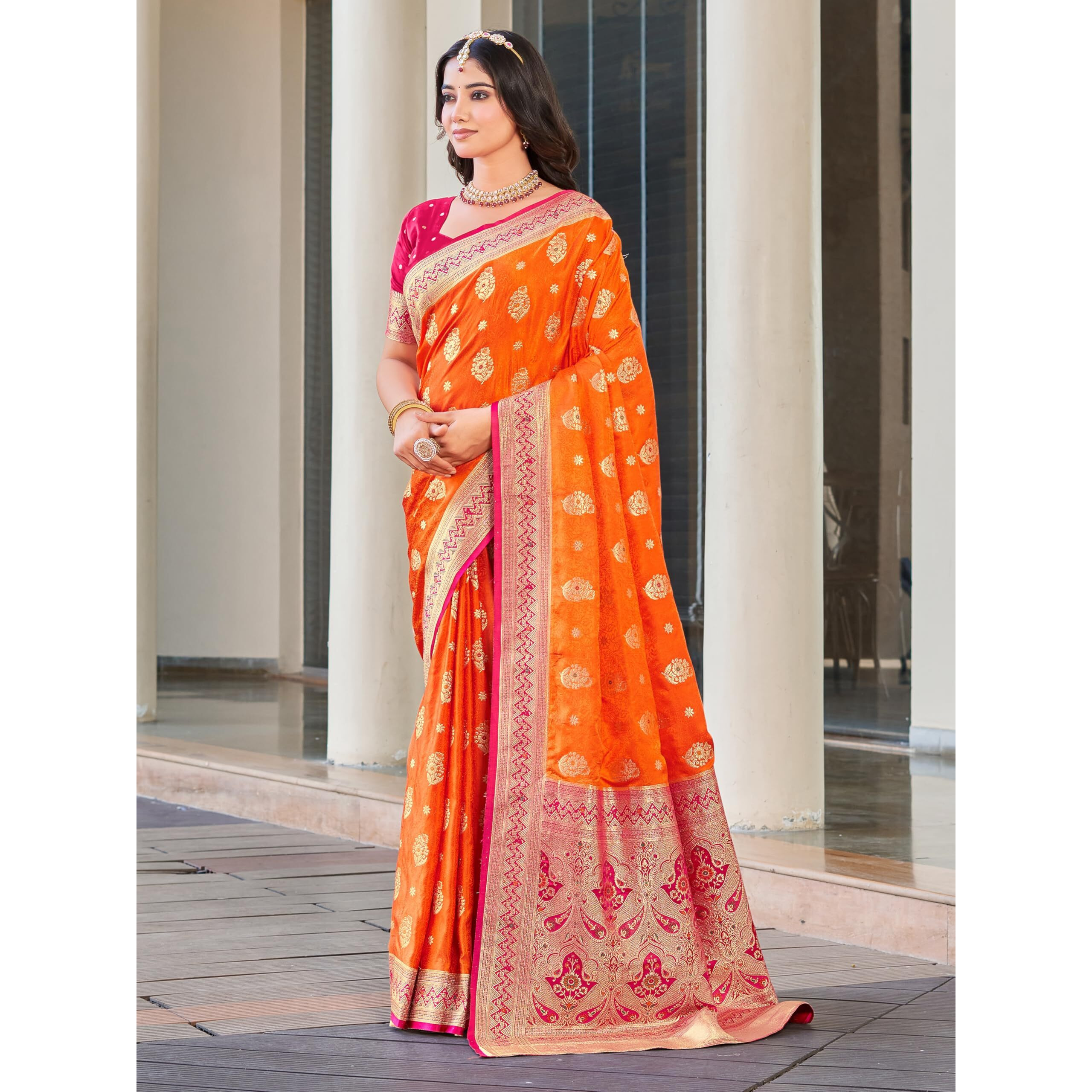 Glory Sarees Womens Pure Kanjivaram Soft Banarasi Original Satin Silk Woven Hand Dyed Wedding Saree With Blouse Piece (Satin Silk105_Orange)