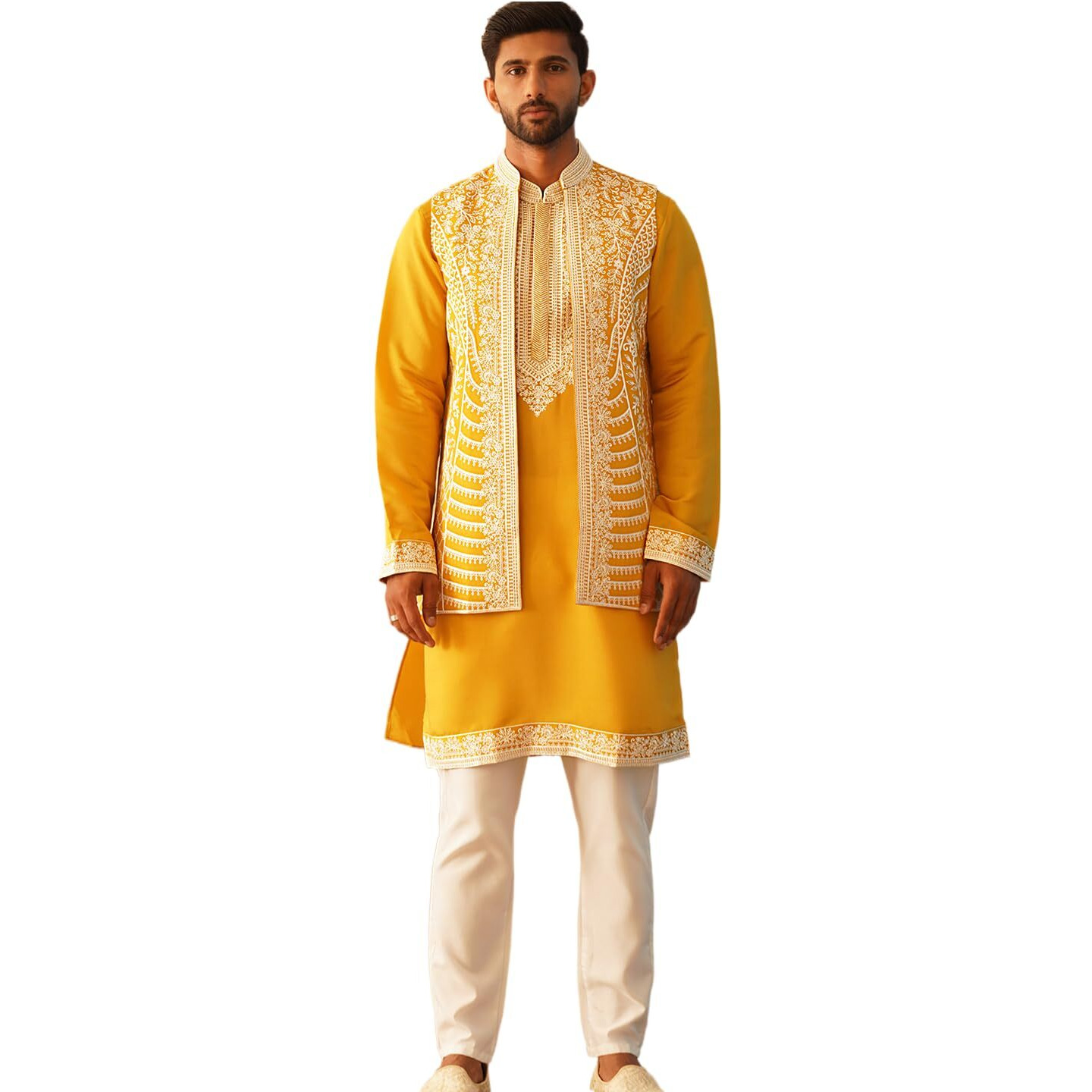 Jompers Men Mustard Embroidered Waistcoat And Kurta Pyjama (Mustard, S)