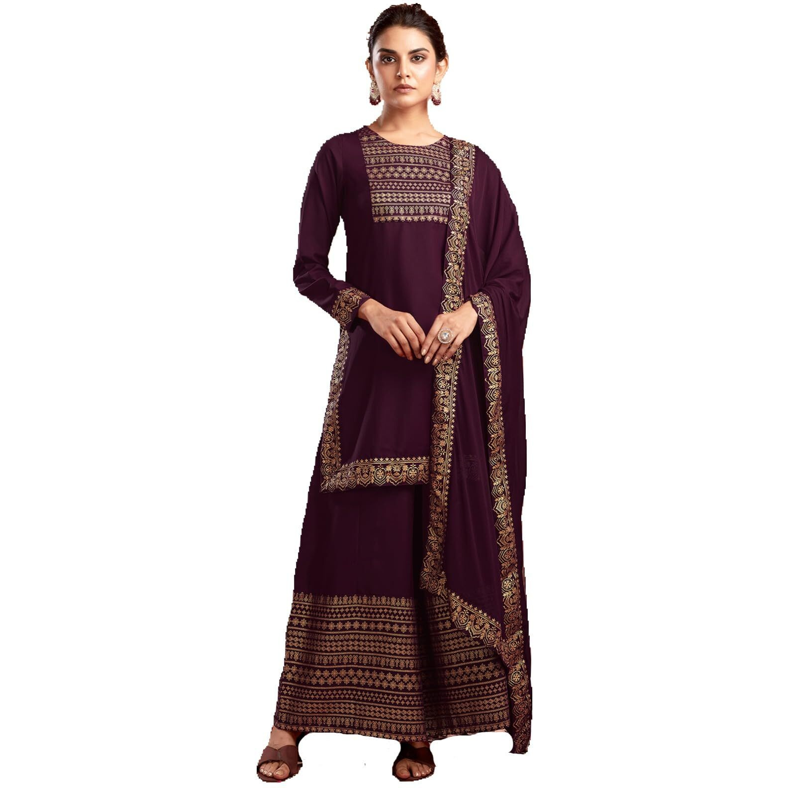 Sanisa Womens Cotton Blend Foil Printed Straight Kurta With Pant And Dupatta Set (54Kbd636N-Xxl_Wine & Gold)