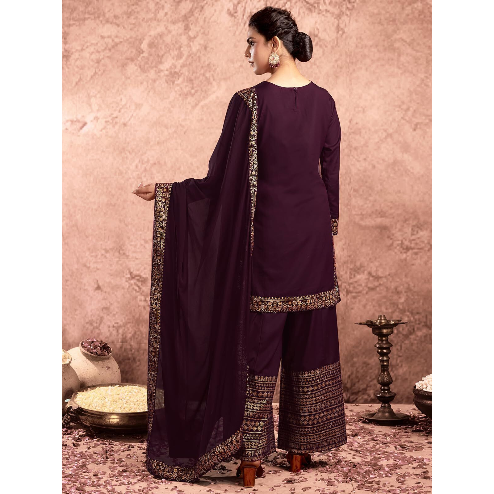 Sanisa Womens Cotton Blend Foil Printed Straight Kurta With Pant And Dupatta Set (54Kbd636N-Xxl_Wine & Gold)