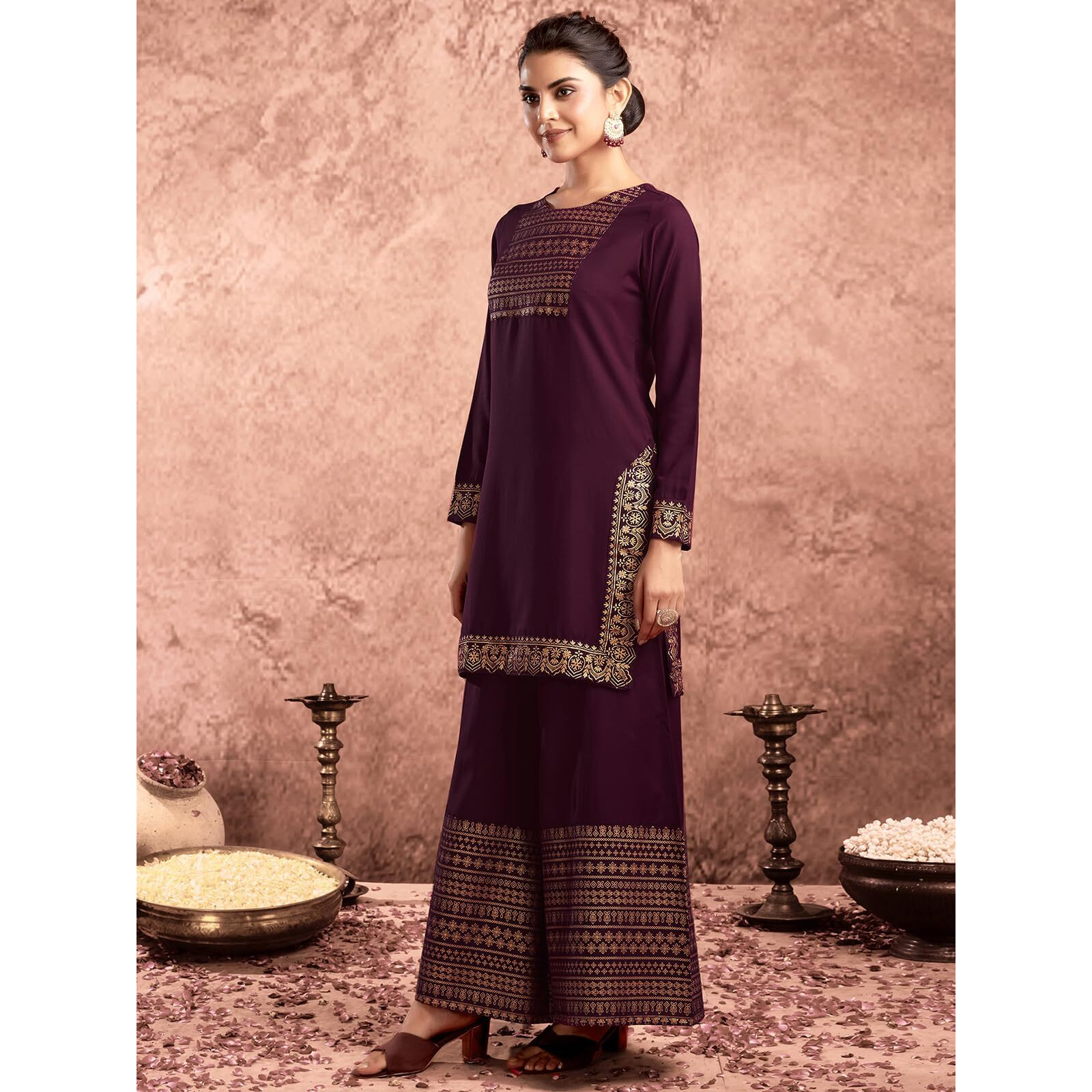 Sanisa Womens Cotton Blend Foil Printed Straight Kurta With Pant And Dupatta Set (54Kbd636N-Xxl_Wine & Gold)