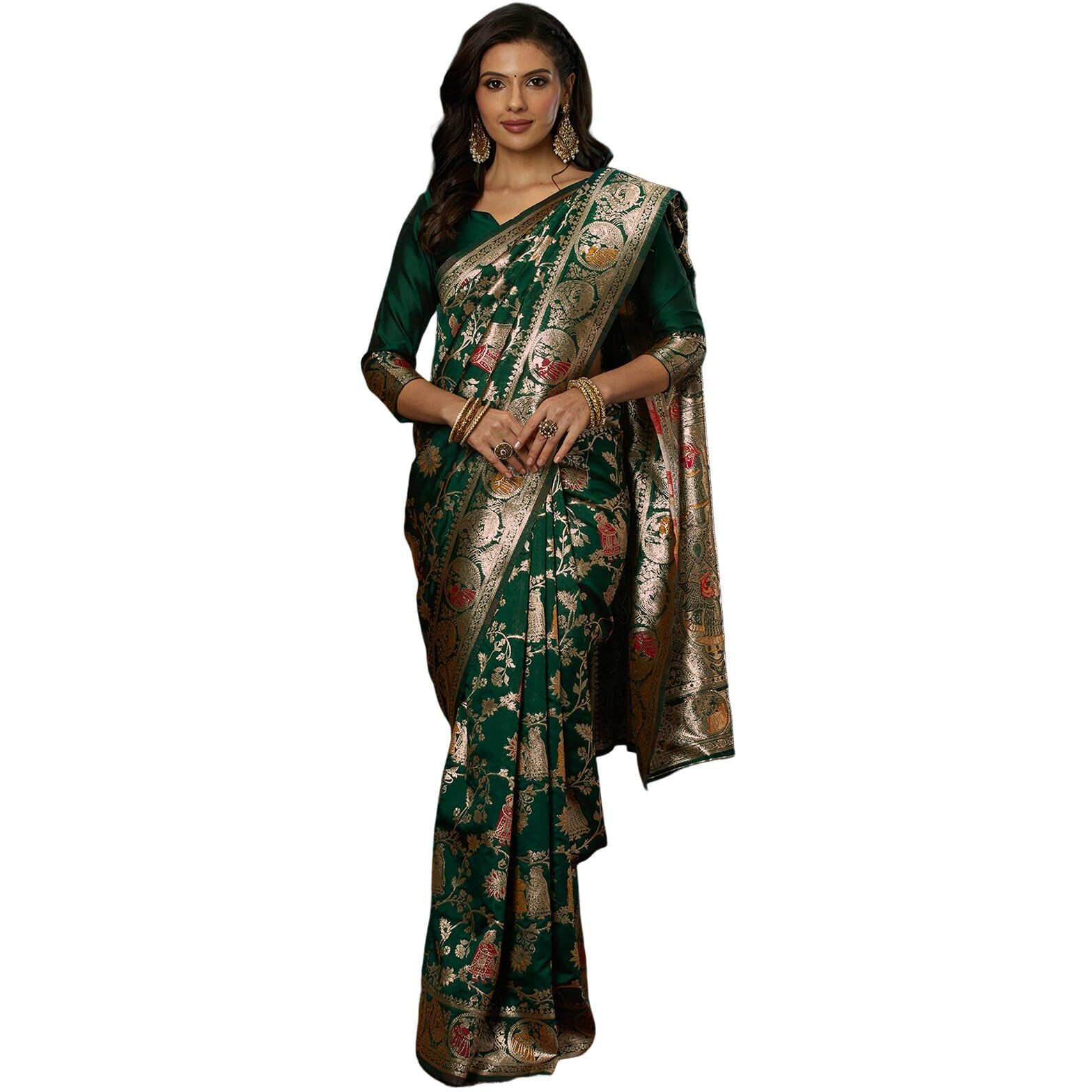 Satrani Womens Silk Blend Weaving Banarasi Saree With Unstitched Blouse Piece (4100S735N_Dark Green1)