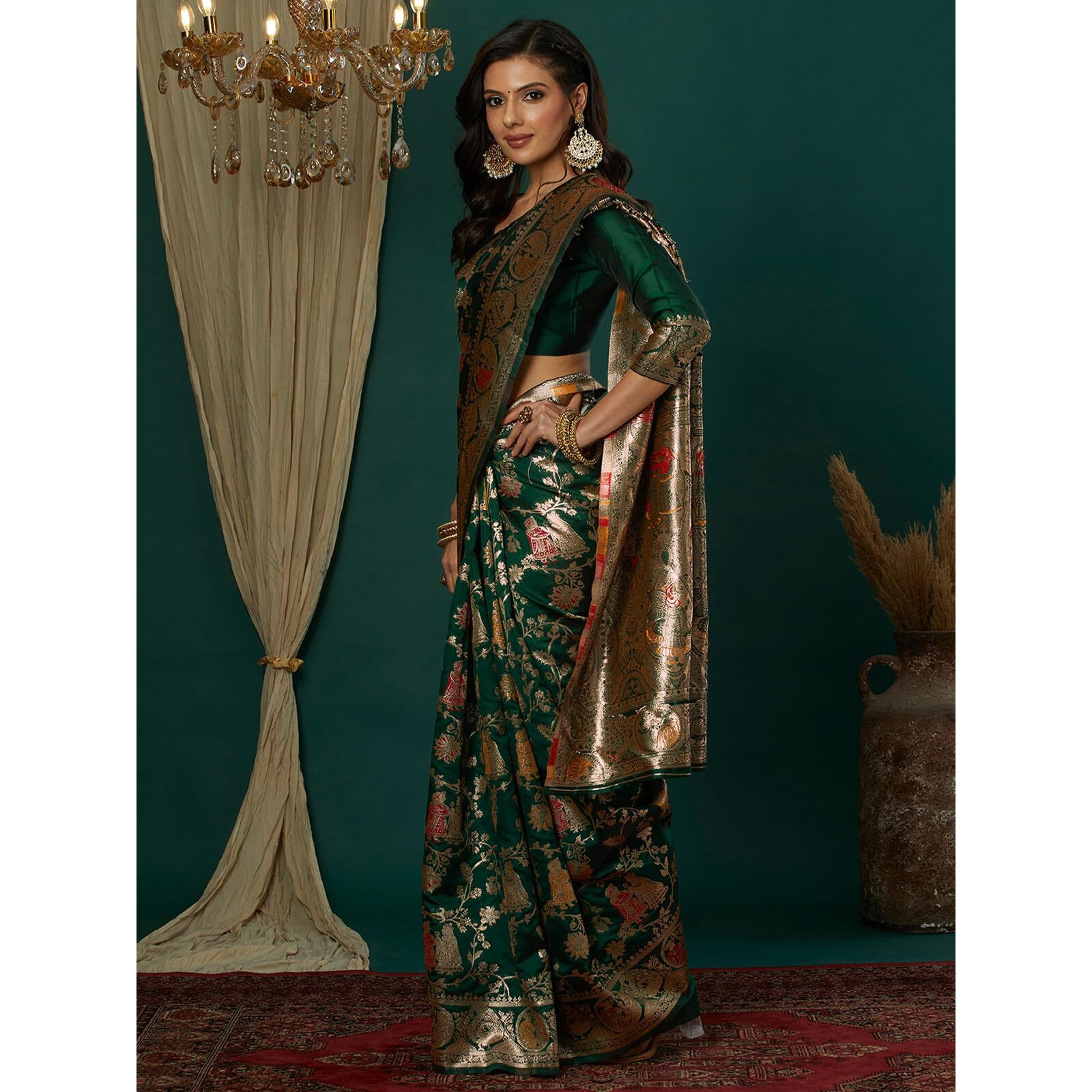 Satrani Womens Silk Blend Weaving Banarasi Saree With Unstitched Blouse Piece (4100S735N_Dark Green1)